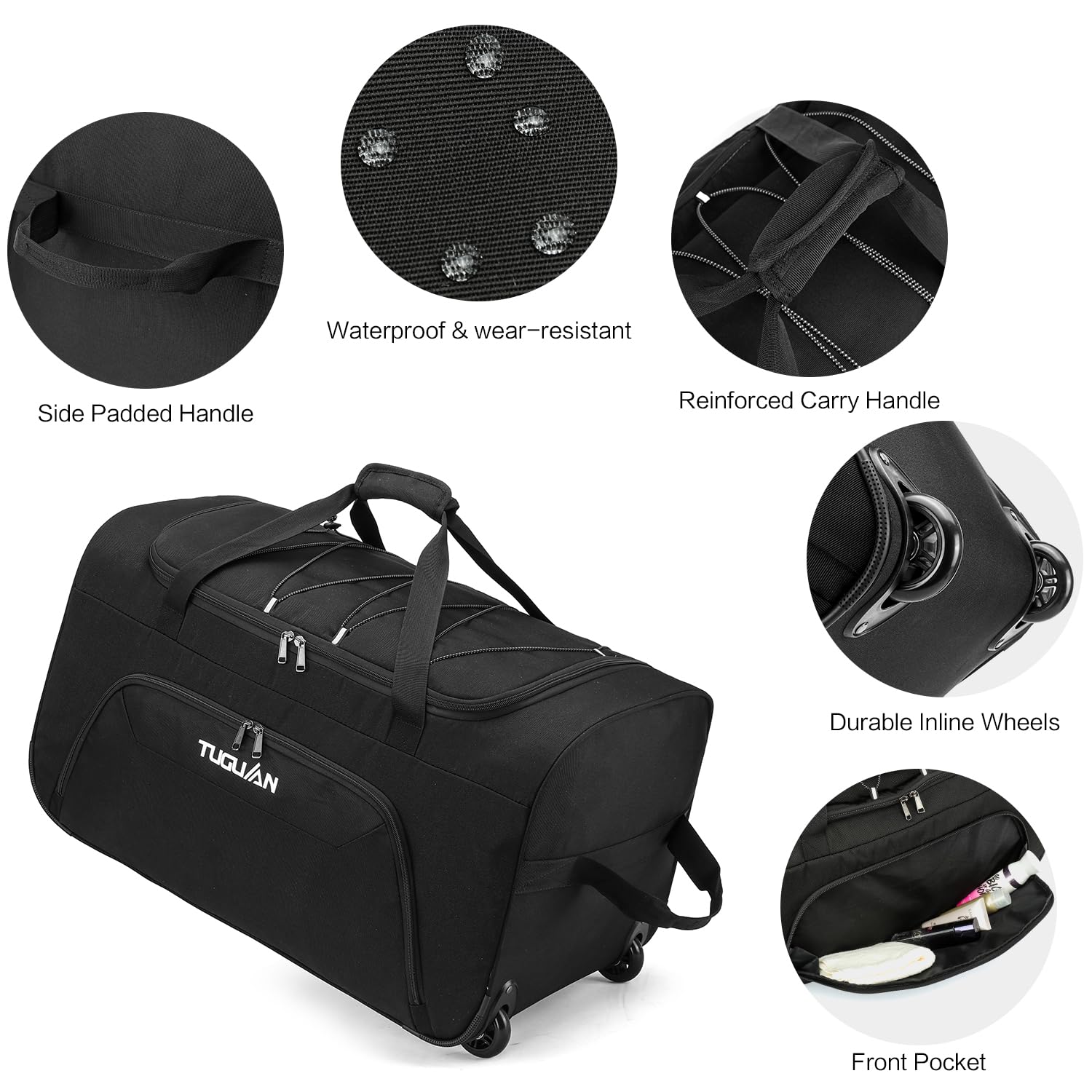 TUGUAN Sac de Voyage Pliable avec roulettes, Sac de Sport à roulettes de 110 L, Grande Sac de Voyage élastique, 71 cm de Large, Pliable et Pliable pour Voyage, Camping, Grand - Noir, 28 inch