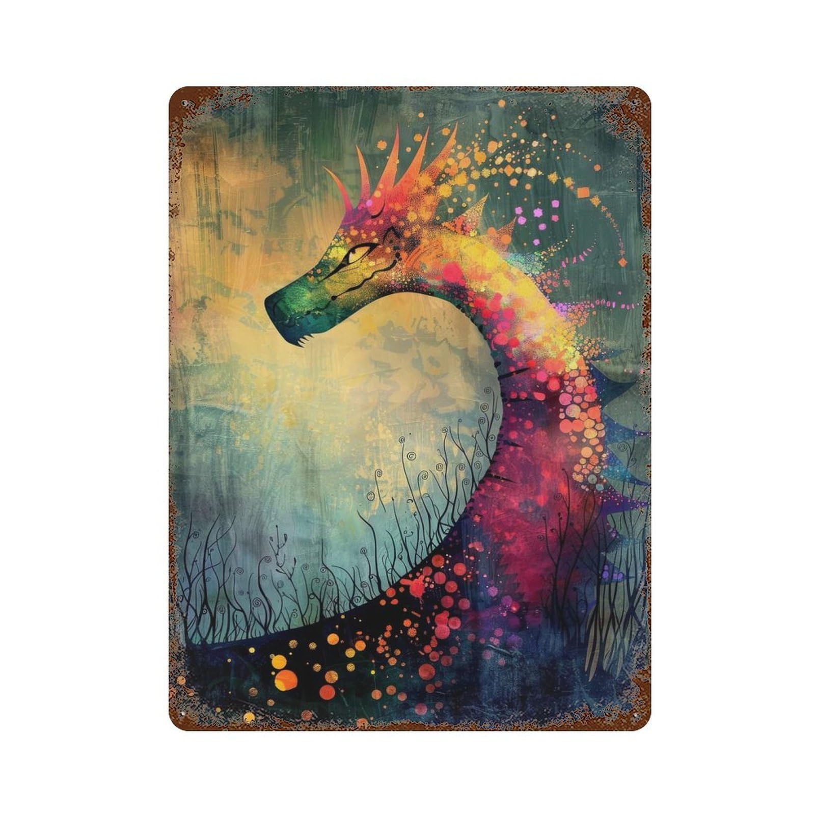 Rustic Tin Plaque with Chromatic Dragon Design 15.7"x11.8", for Cafe, Home Bar And Lounge Decor, Industrial Home Decor