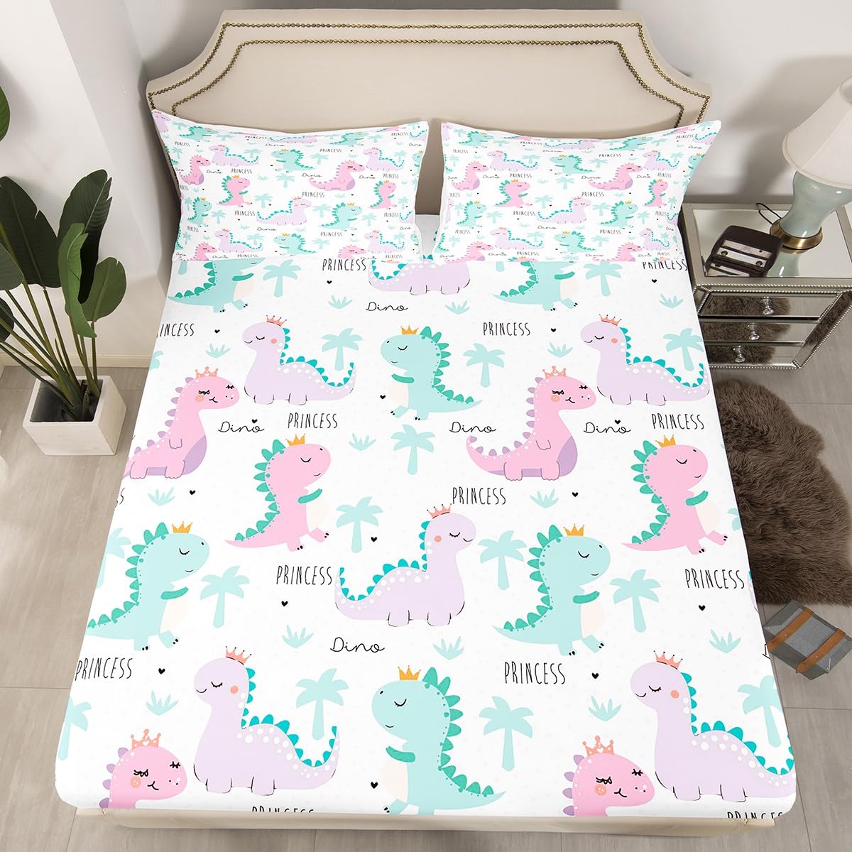 Dinosaur Fitted Sheet Pink Purple Dinos Bedding Set For Kids Girls Cartoon Bed Cover Jungle Safari Lovely Cute Animals Bed Sets Child Kawaii Room