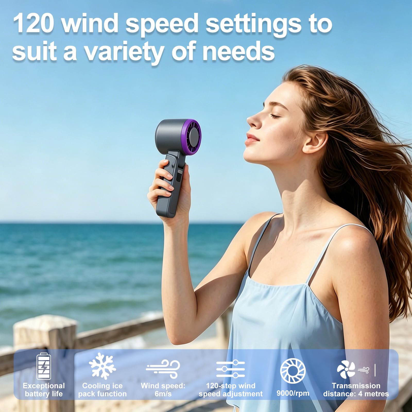 Ventilatore Portatile, Ventilatore Portatile Ricaricabile con Funzione Rinfrescante, 120 Livelli di Velocità, Ideale per Viaggi, Attività All'Aperto, in Ufficio e a Casa (Grigio)