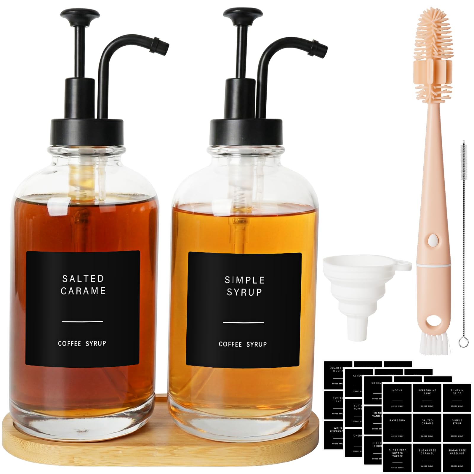 Juego de 2 botellas de cristal con dispensador de jarabe de café, 500 ml, incluye etiquetas, embudo, bandeja y accesorios de limpieza