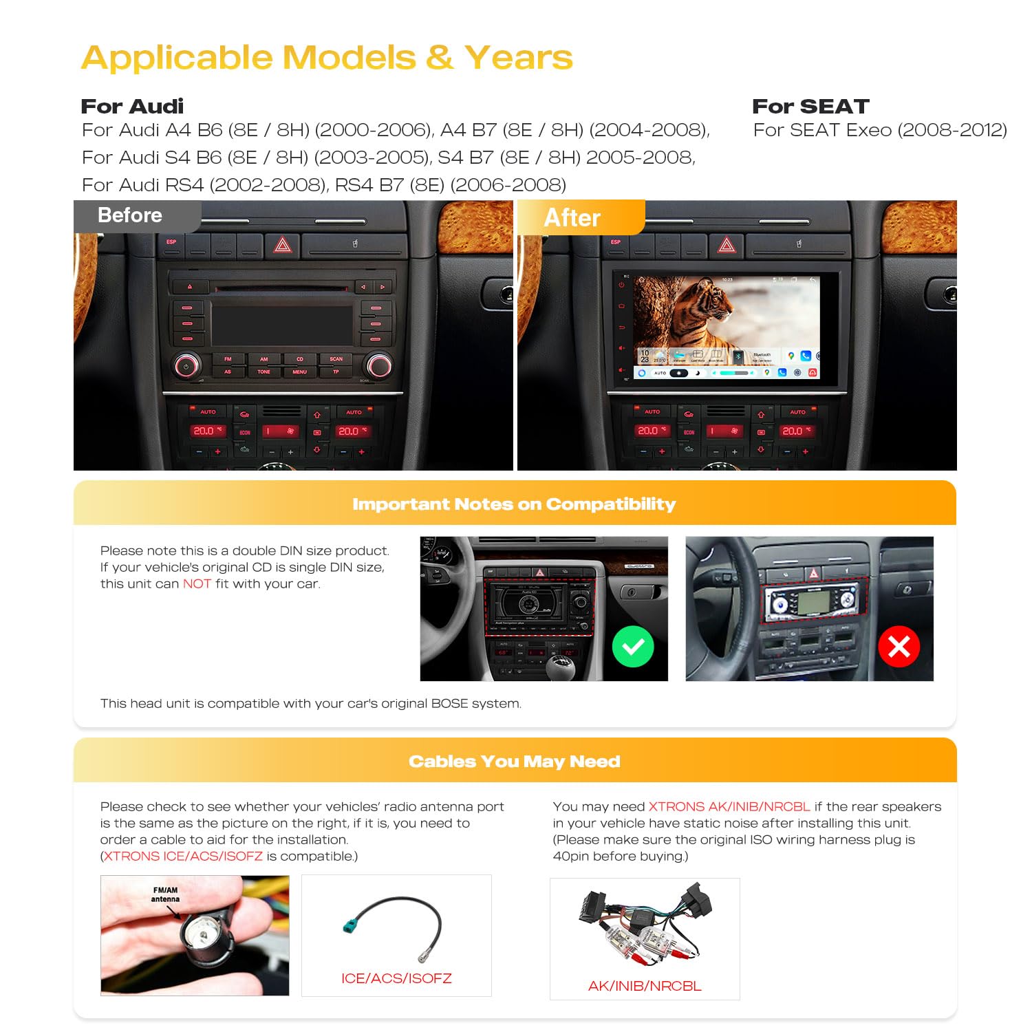 XTRONS Android 14 Autoradio Octa Core 8+128GB für Audi A4 S4 RS4 8-Zoll-IPS-QLED-Bildschirm Integriertes 4G LTE DSP Bluetooth WiFi Car Play Android Auto GPS Optional DAB OBD TPMS
