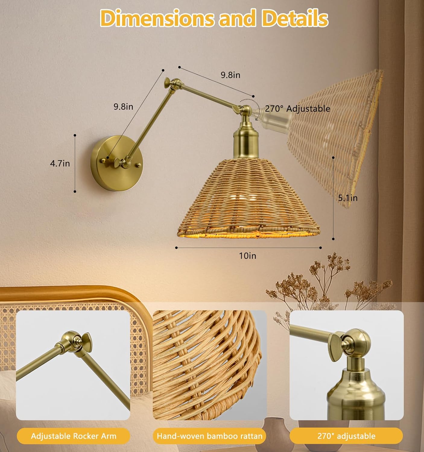 Battery Operated Wall Sconce 2 Pack, Gold Simple Rattan Wall Sconce, Adjustable Brightness, Modern Furniture Decorative Lighting for Kitchen Island, Living Room, Bedroom