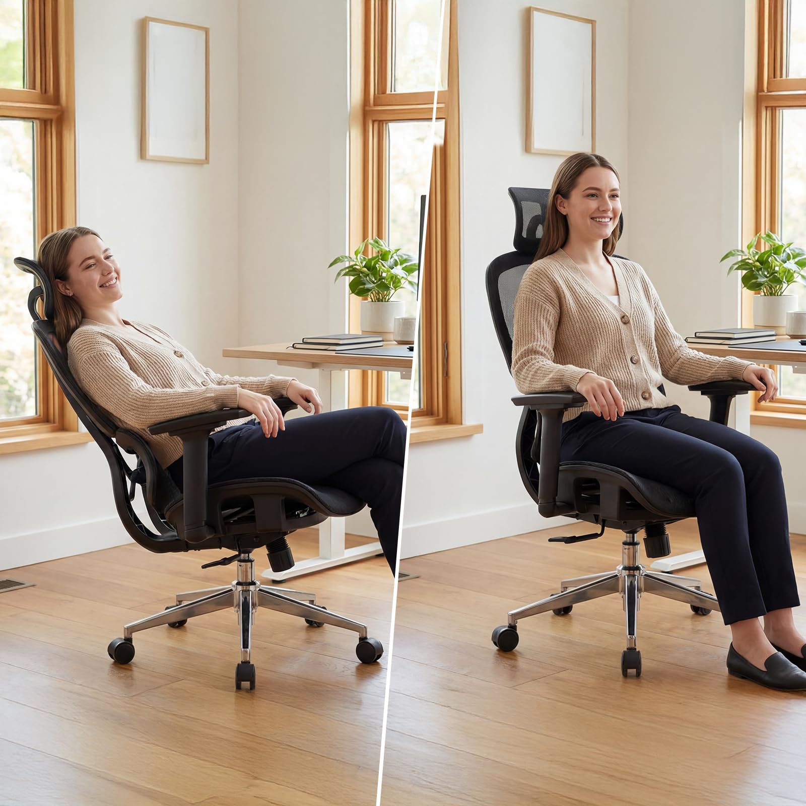 Bürostuhl Ergonomisch, Schreibtischstuhl mit Automatischer Lendenstütze (2-Fach höhenverstellbar), 4D-Kopfstütze, 4D-Armlehnen, Atmungsaktives Mesh, Drehstuhl bis 150 kg für Home Office & Büro