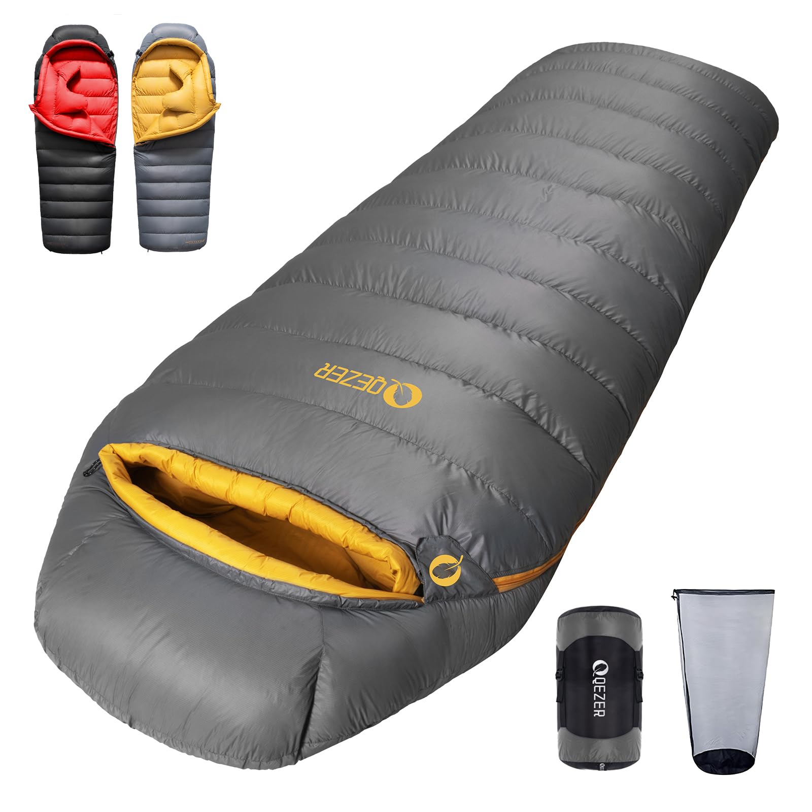 QEZER Down Sleeping Bag for Adults (620FP-RDS)-Graphene antistatic material,0 degree ultralight sleeping bag with packing bag, suitable for hiking, camping, and trekking (grey, 1500g)
