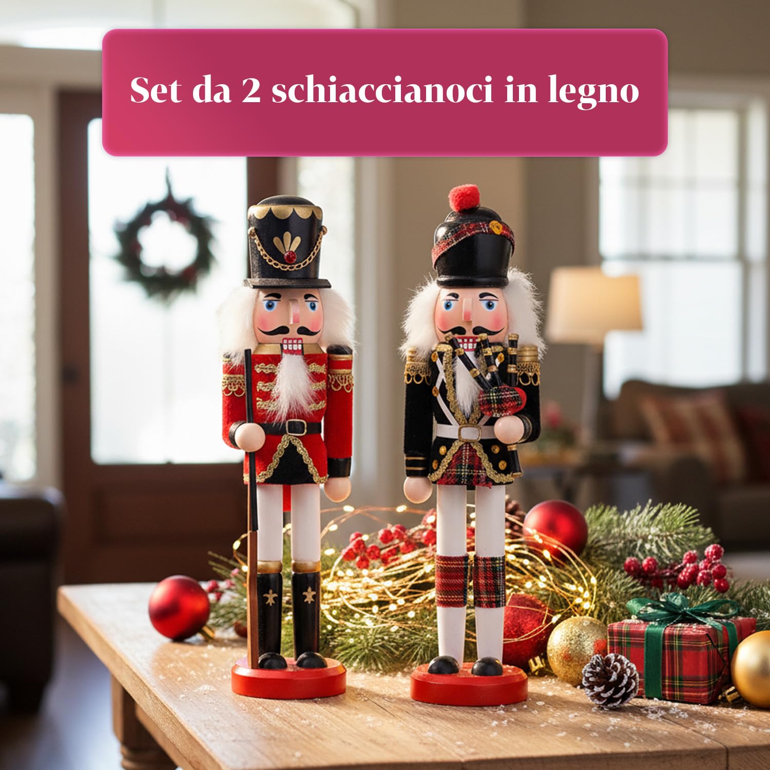 Avilia – Schiaccianoci Natalizi in Legno Dipinti a Mano Set 2 Pezzi per Decorazioni Natalizie Tradizionali e Addobbi per la Casa, Ideali per Tavolo Camino e Regalo di Natale Unico