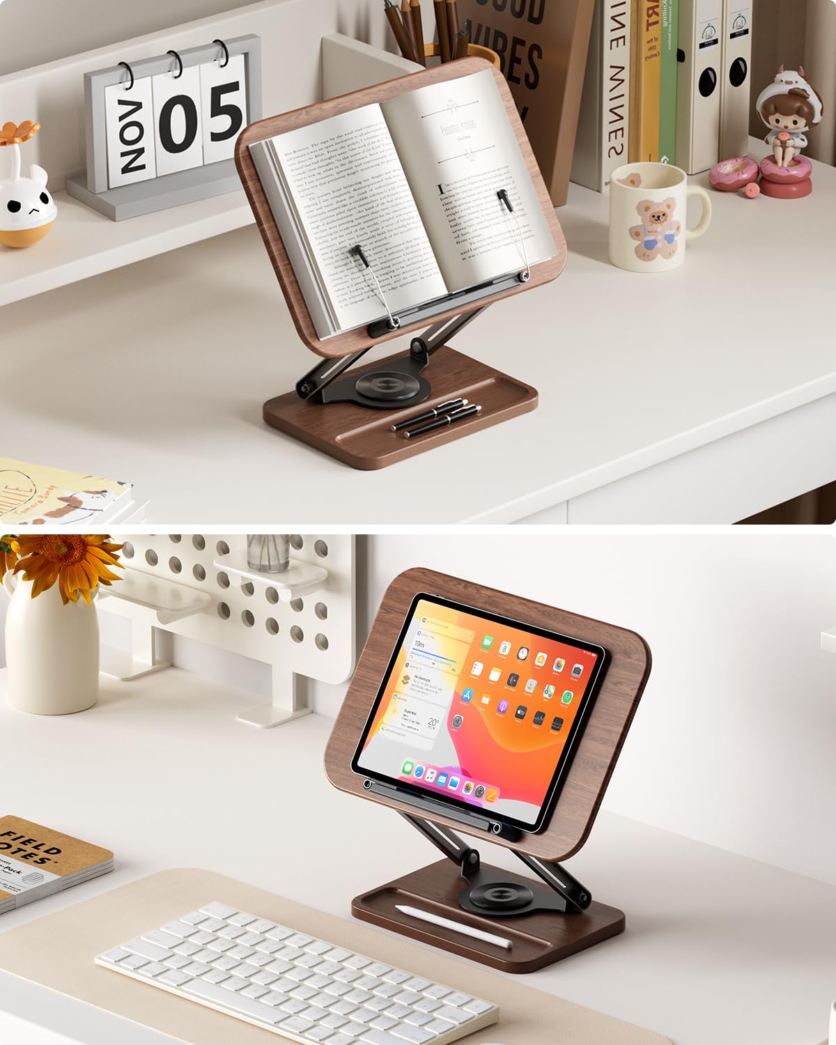 Viozon Support de livre pour la lecture, support de livre avec base rotative à 360° avec fente pour stylo, support de lecture pliable avec clips de page élastiques pour livre de cuisine, recettes