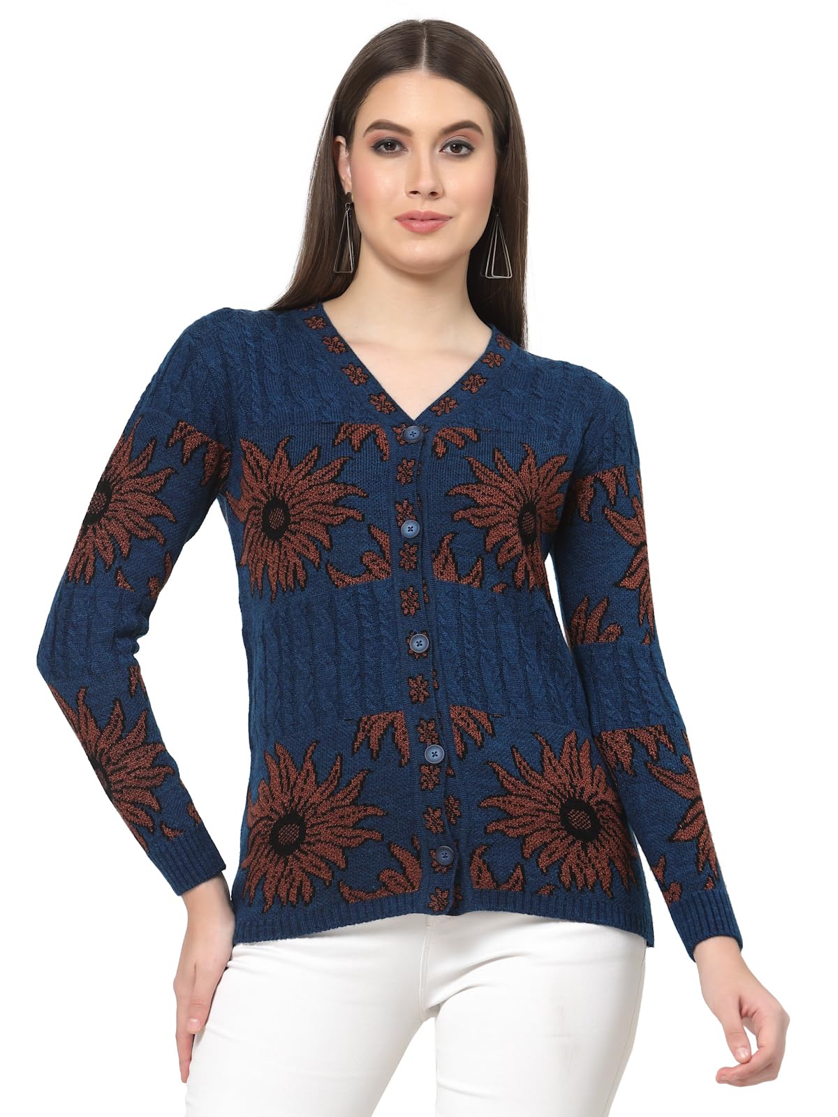 kalt Women Full Sleeves Cable Design Floral Print Acrylic Cardigan Sweater-picture-27