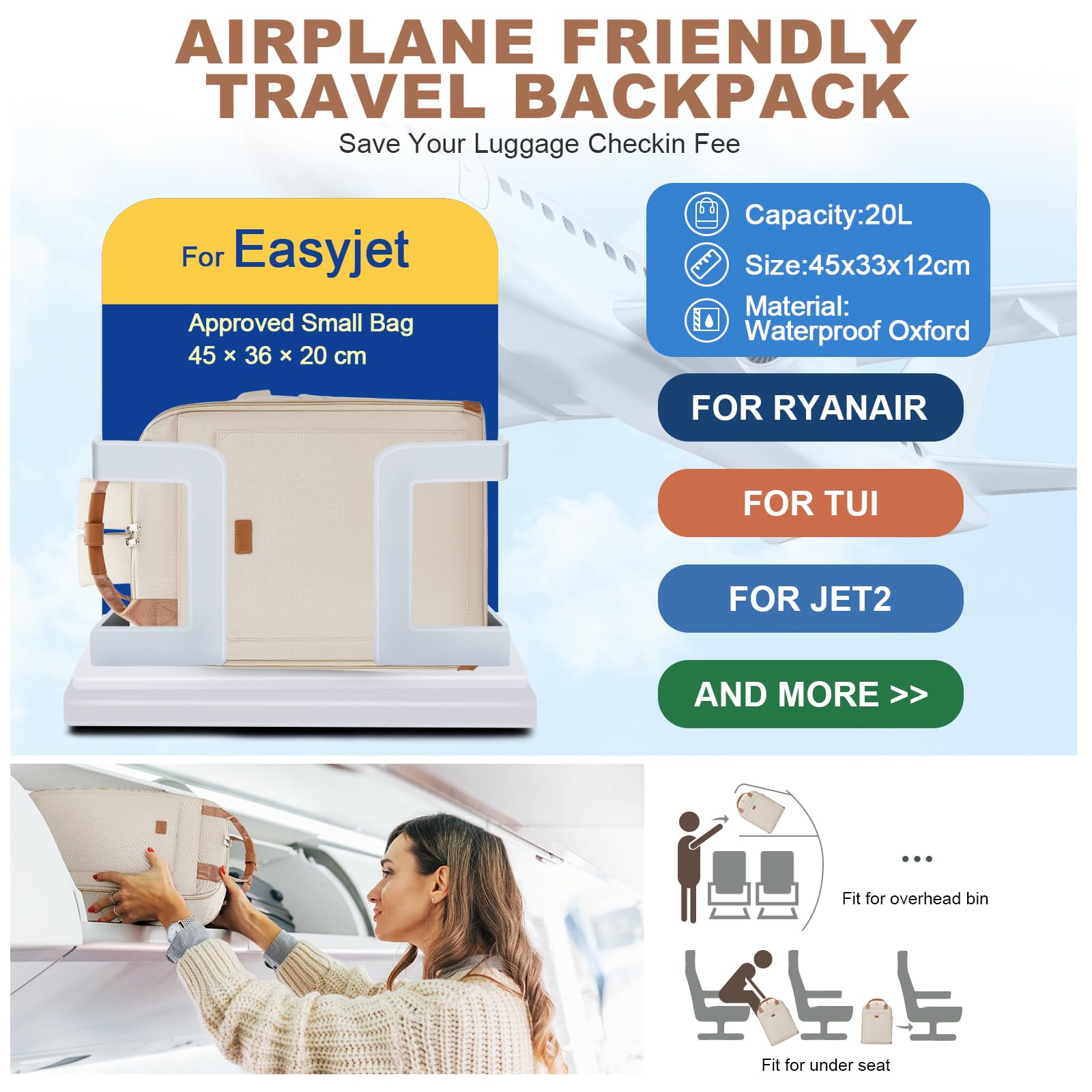 SZLX Borse da Viaggio 45x36x20 Zaino Easyjet Donna Zaino Ryanair 40x20x25 Bagaglio a Mano Zaino impermeabile uomo trekking, Borsa da Viaggio Cabina aereo Zaino per Laptop con Porta di ricarica USB