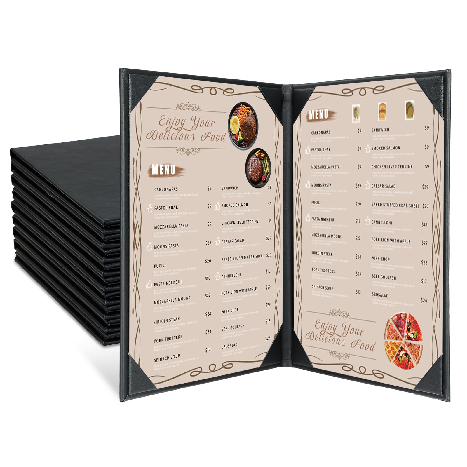 Restaurant Menu Covers Holders 8.5 X 11, 10 Pack 2 View Synthetic Leather Menu Holder Covers Book Style with Angled Corners Black for Wine List, Certificate Organizer Diploma Holder (2 Page)
