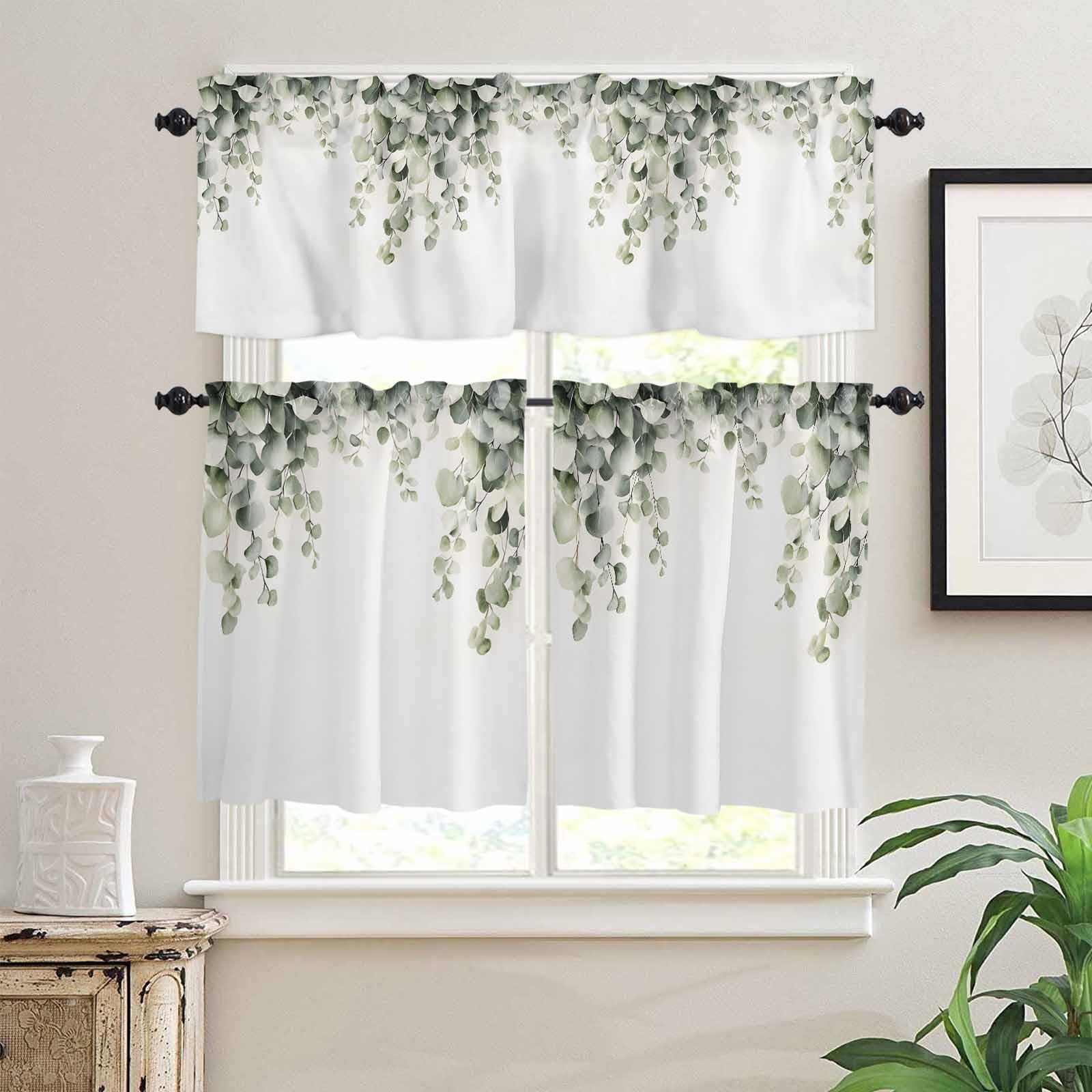 Sage Green Leaves Kitchen Curtains 24 Inch Length,3 Piece Rod Pocket Small Half Tiers and Valance Set,Watercolor Spring Botanical Eucalyptus Small Large Window Treatment Decor for Bedroom/Bathroom
