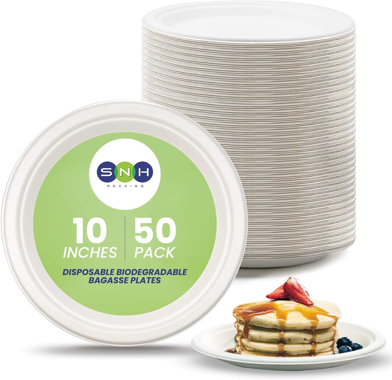SNH Packing Eco Friendly Bagasse Biodegradable Plate 10 Inch Disposable, Made From 100% Sugarcane Plates, Natural Alternative To Paper Plate, Everyday Tableware, Heavy Duty Microwaveable - 50 Pieces.