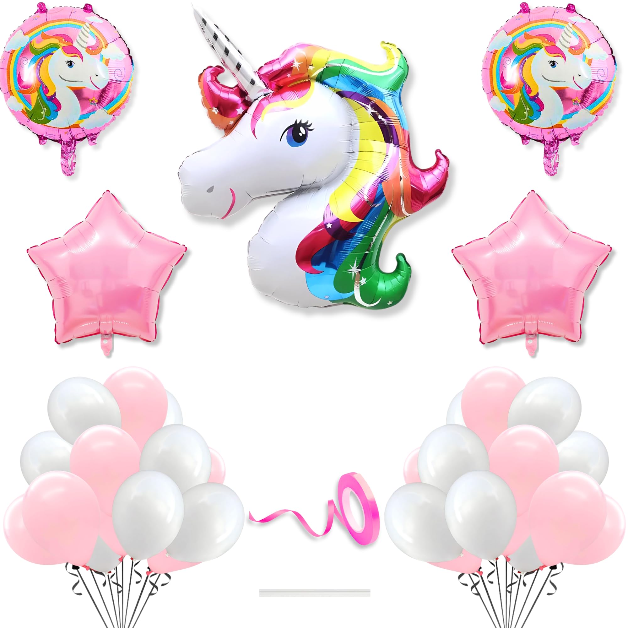 Flyloons Unicorn Theme Birthday Decoration Kit Pink White for Baby Boys Girls Kids 5 Pcs Unicorn Theme 30 Pcs Pastel Balloons Decoration Set Items 2 Pcs Pink Star-image-43