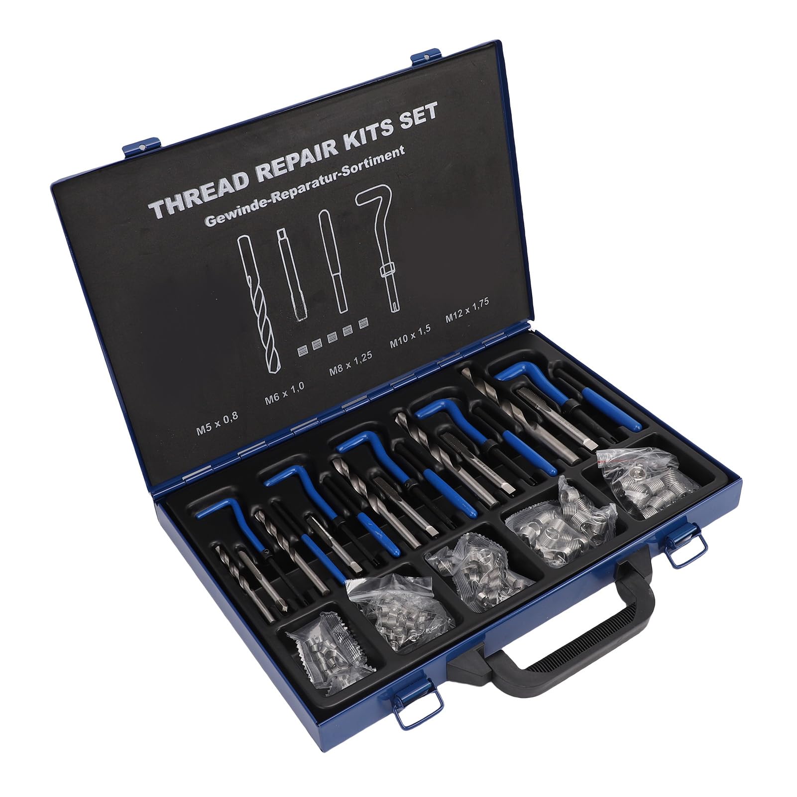 Kit di Riparazione del Filo Metrico 131 Pc, Set di Strumenti di Inserzione Filettatura, Kit di Rilevamento di Elicolio con 5 Rubinetti 5 Bit per Trapano 10 Strumenti per Le