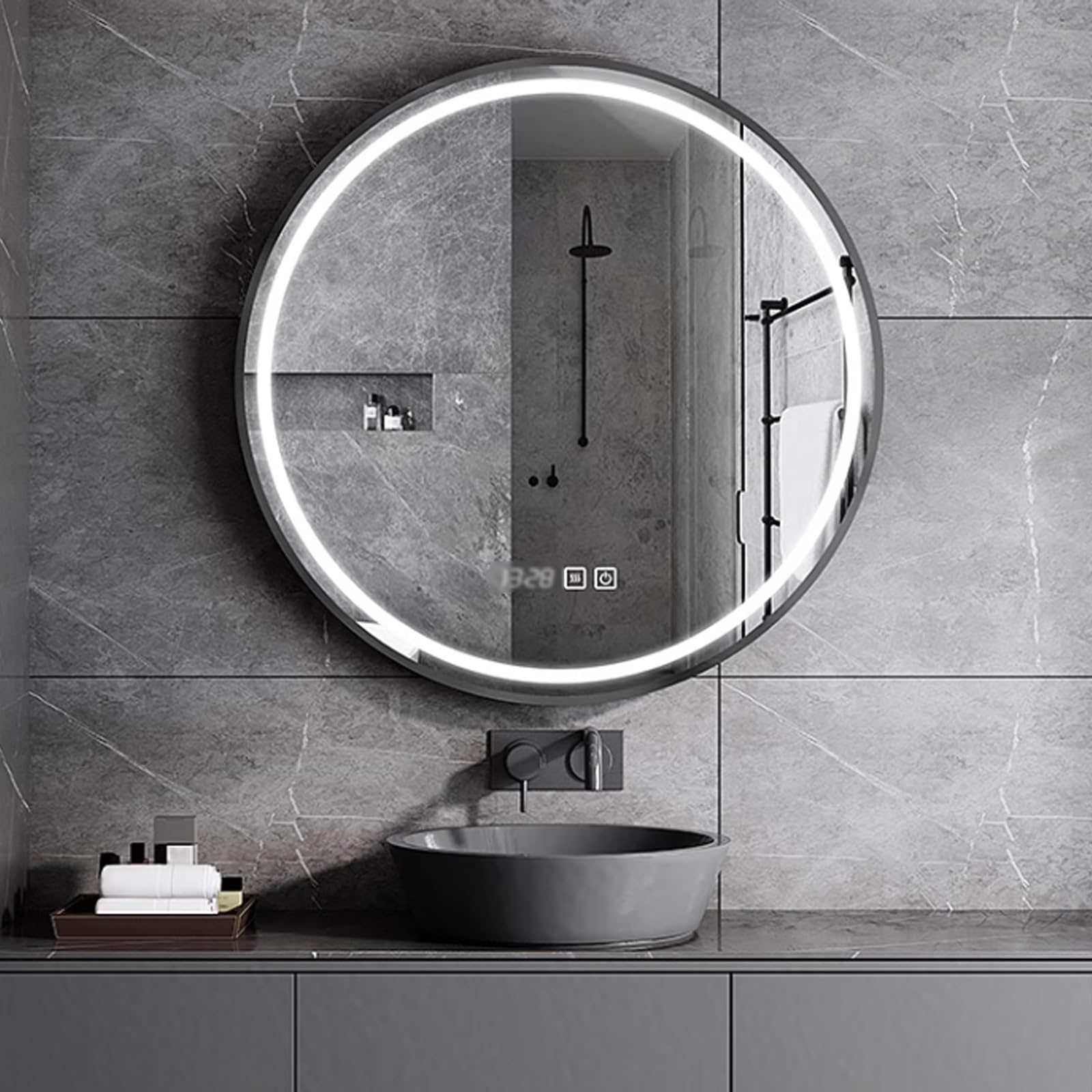 LIDANGUH Round led smart wall mounted mirror with Defogger, bathroom backlit vanity mirror Tri-Colour Dimmable, Aluminum Alloy Frame, Time and Temperature Display(Black,70 * 70cm/27.6 * 27.6in)