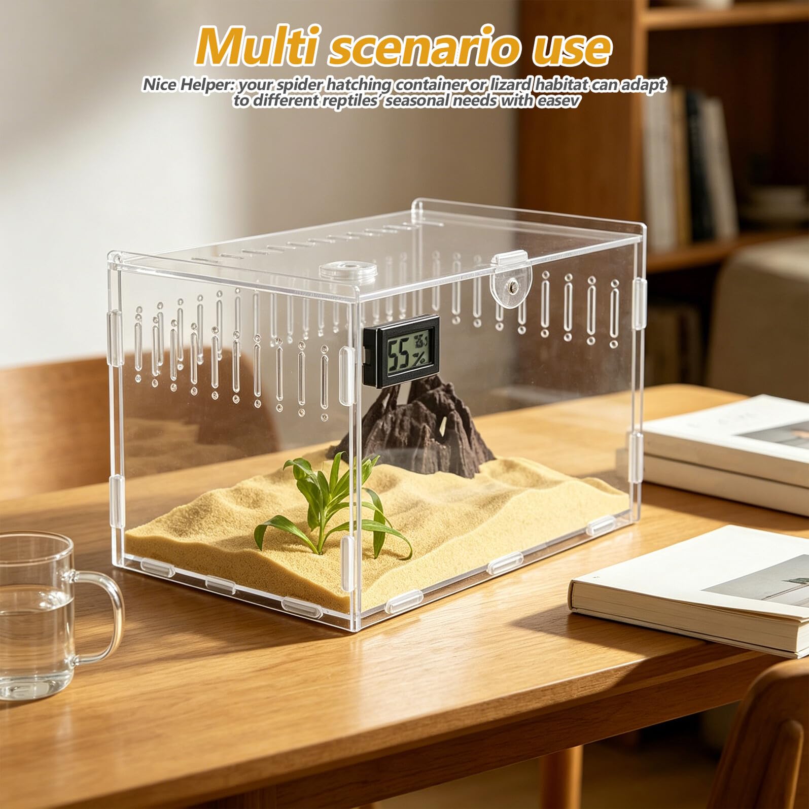 Outanaya Terrario in Acrilico Trasparente con Termometro e Igrometro per Monitoraggio in di Grande di Ventilazione a 360° e Base Rimovibile per Rettili