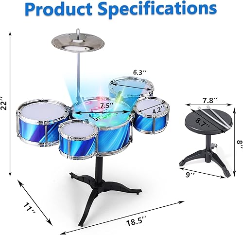 Miniatura 4 de Juego de batería para niños pequeños de 1 a 3 años con silla mejorada, juego de batería para niños de 3 a 5 años, juguetes musicales para niños y