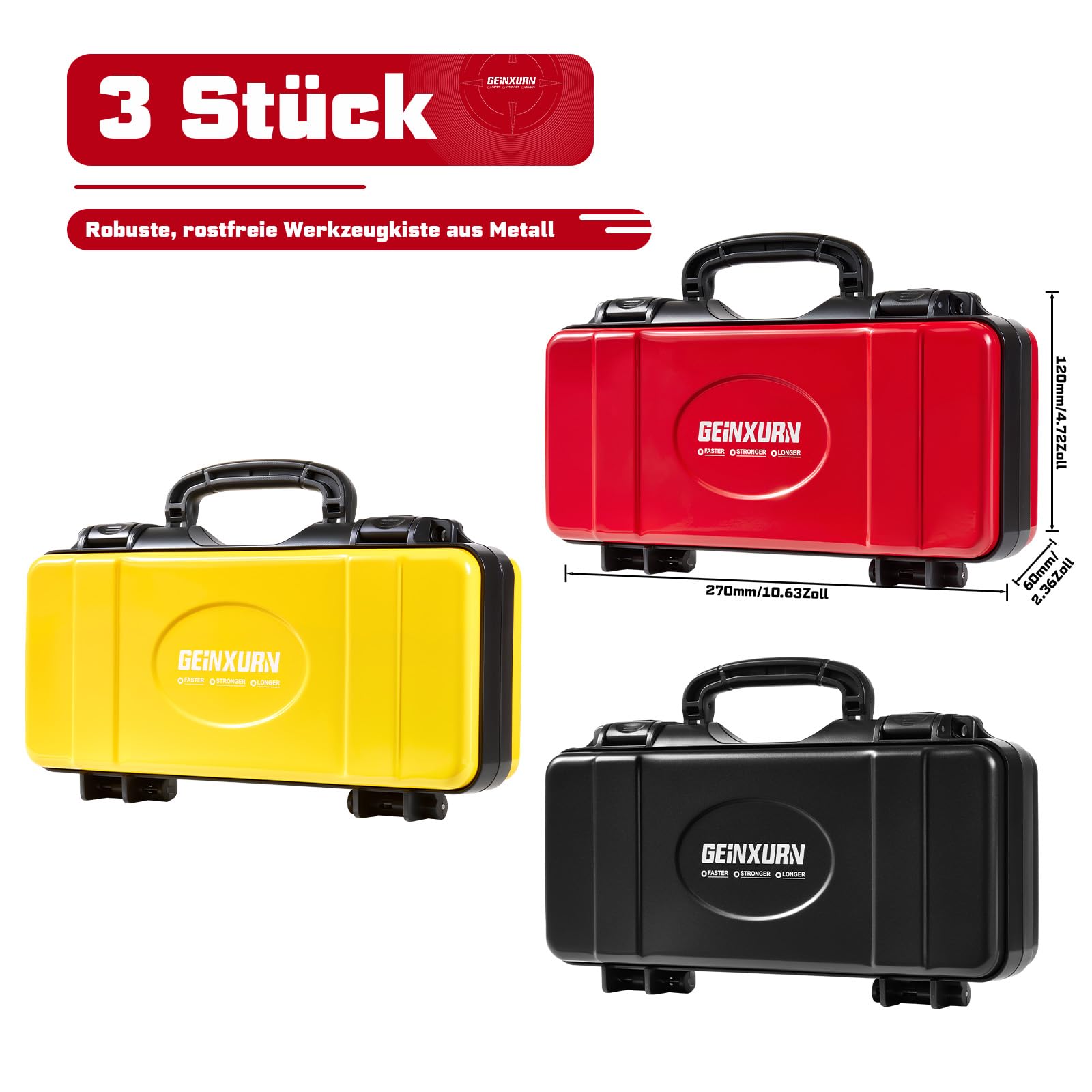 Geinxurn Juego de 3 cajas de herramientas de acero con cierre de seguridad y asa para guardar y organizar herramientas, color rojo, negro y amarillo