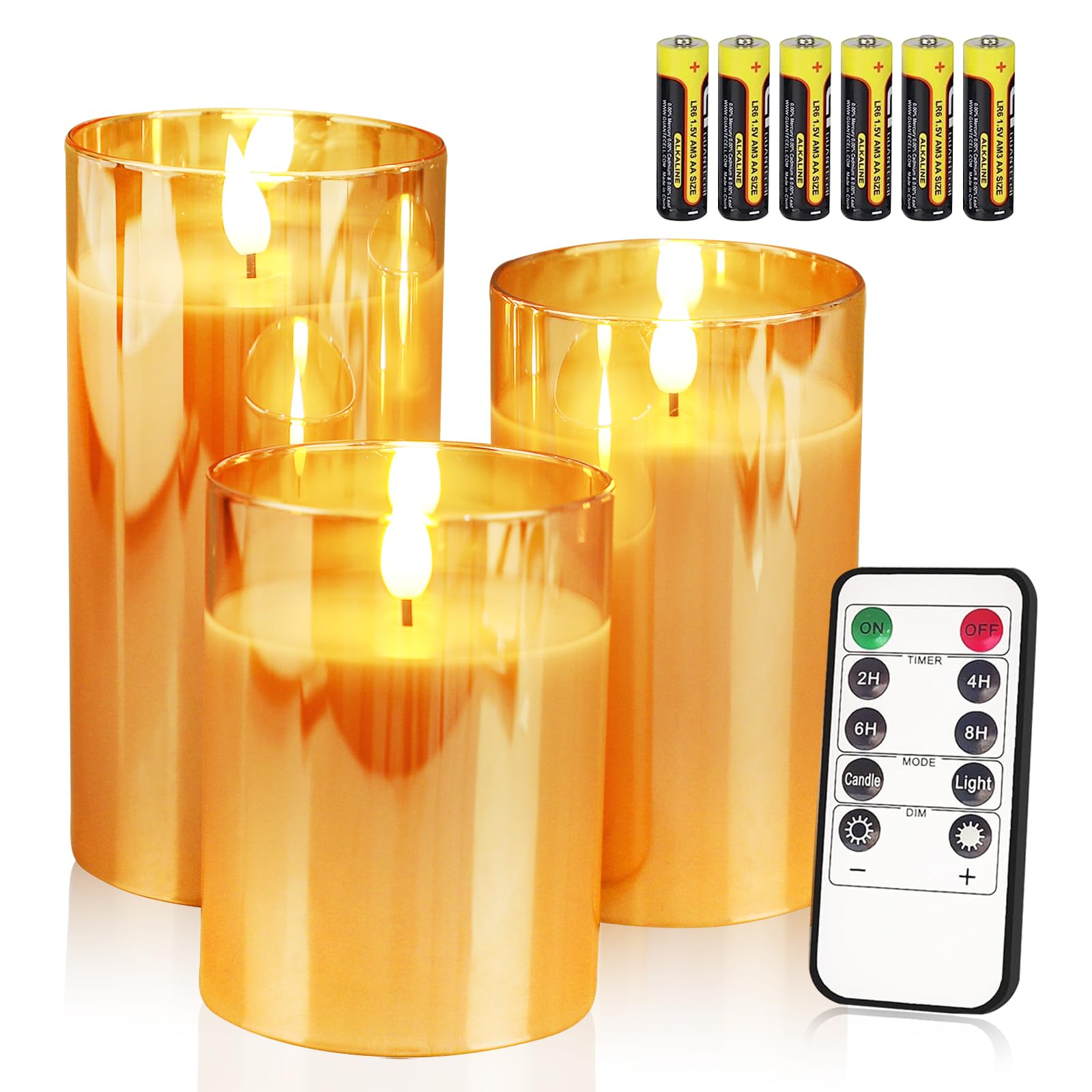 Yinuo Candle Glass Battery Operated LED Flameless Candles with Remote and Timer, Real Wax Candles Warm Color Flickering Light for Festival Wedding Home Party Decor(Include 6 Batteries)-Pack of 3