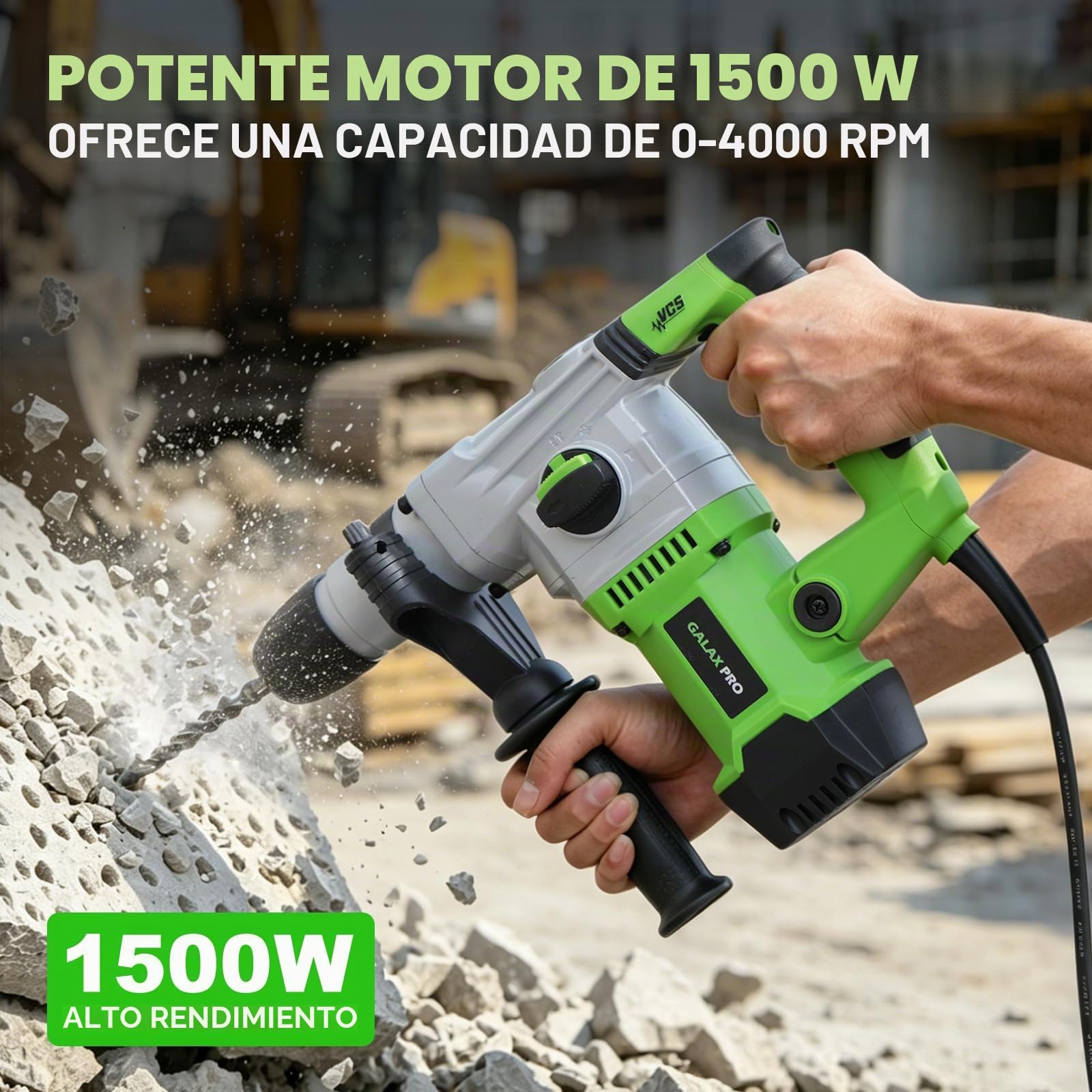GALAX PRO Martillo Perforador 1500W,4.3J 4000BPM Martillo Demoledor | con SDS-Plus Mandril y Embrague de Seguridad,4 Funciones, Incluye Grasa, Cinceles, Brocas y Bolsa de Herramientas