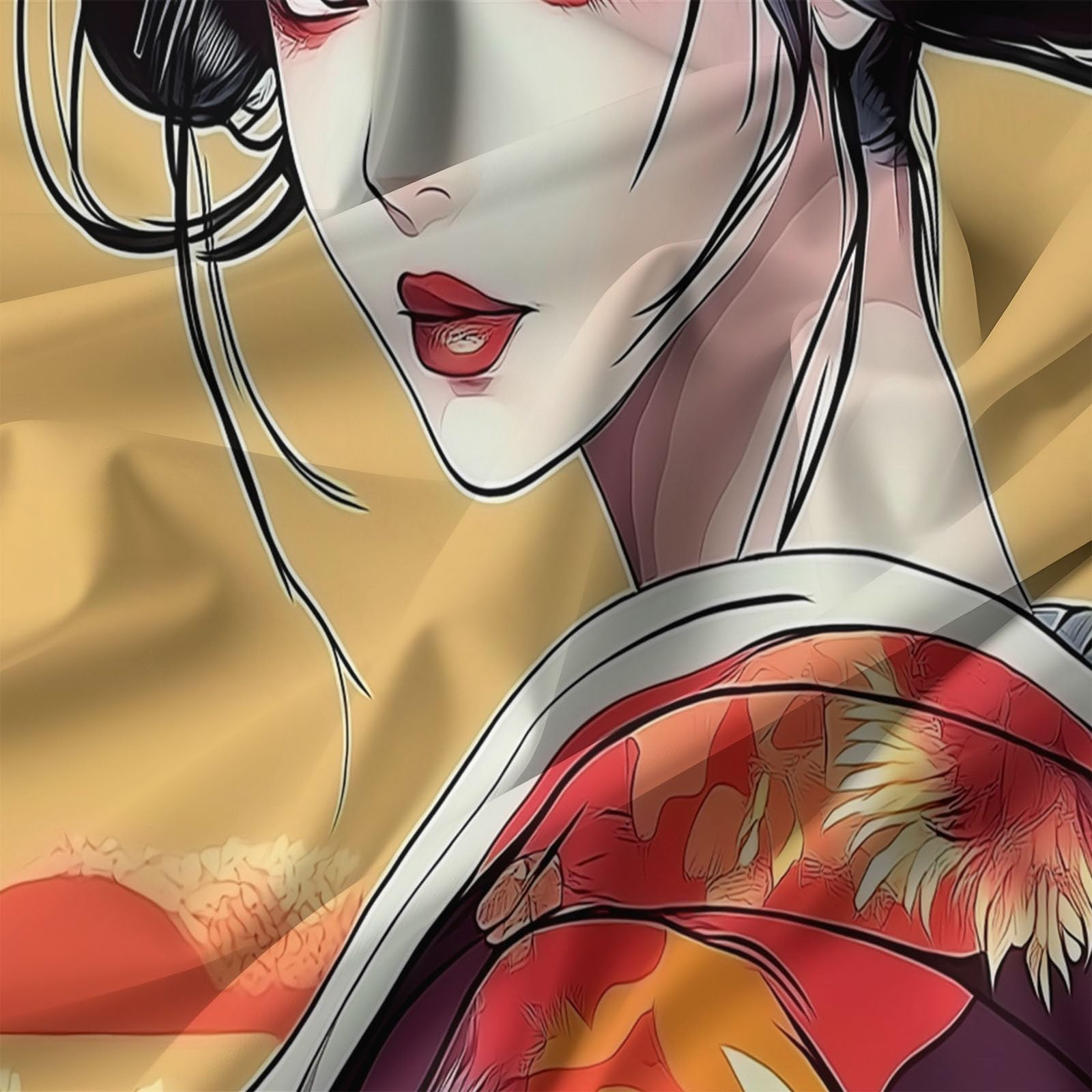 Japoński zestaw poszewek na kołdrę Geisha Kimono Yellow, 180 x 220 cm 100% szczotkowana bawełna zestaw poszewek na kołdrę, 3-częściowy zestaw poszewek na poduszki, zapięcie na zamek błyskawiczny