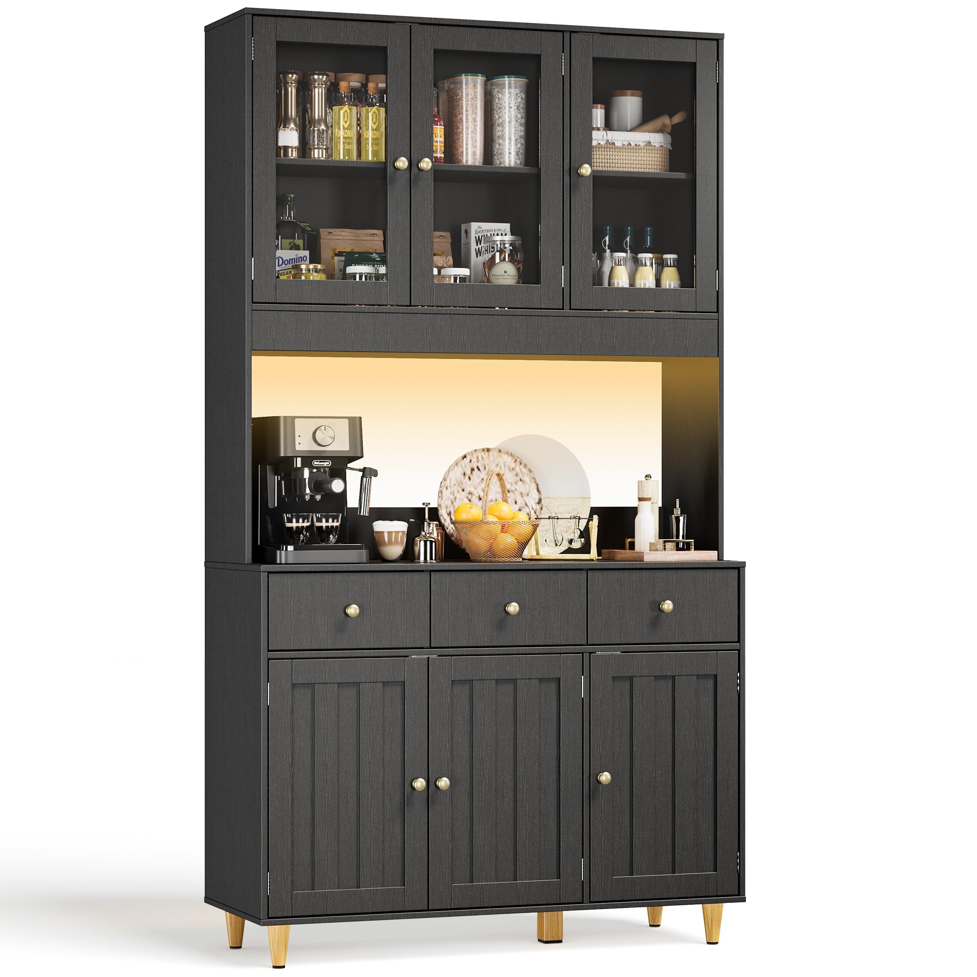 Vaisselier, Armoire de Cuisine Haute avec LED, Buffet avec 6 Portes et 3 Tiroirs,Vaisselier Vitrine avec des Portes d'armoire Transparentes,pour Le Salon et la Cuisine,180×38×180cm, Noir