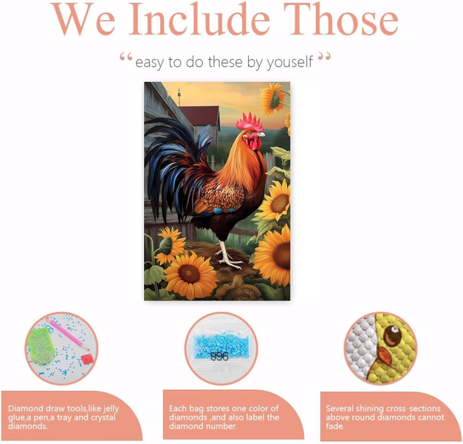 Worihut DIY 5D Sunflower Farm Rooster Diamond Painting Kit for Adults, Round Full Diamond Art Kit, Chicken Diamond Painting Art Painting Crafts Home Wall Art Decor Personalized Gift 16x24 Inch