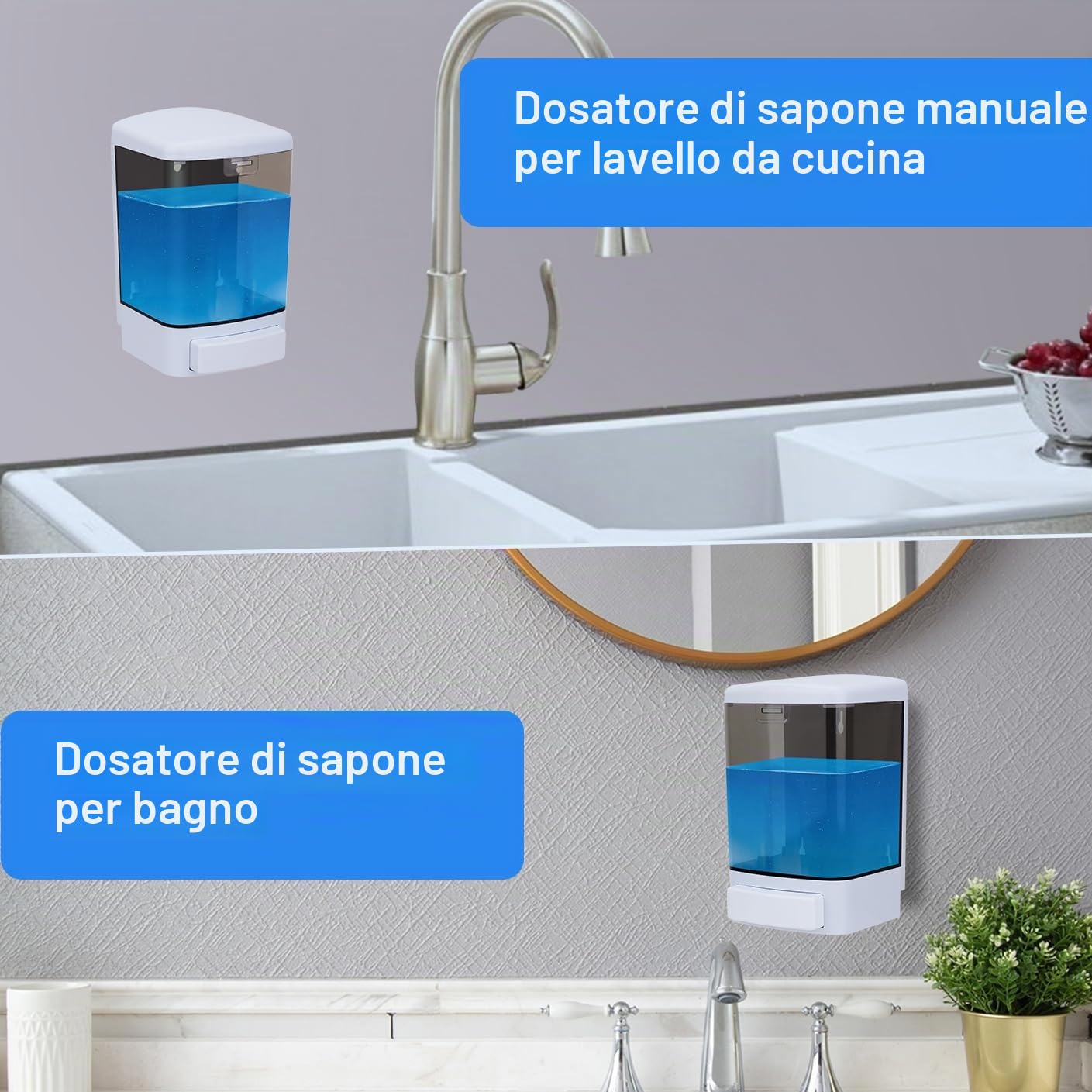 1000ML Dispenser di sapone manuale Condizionatore in plastica per shampoo a parete gel doccia dispenser camera pompa sapone per bagno o cucina