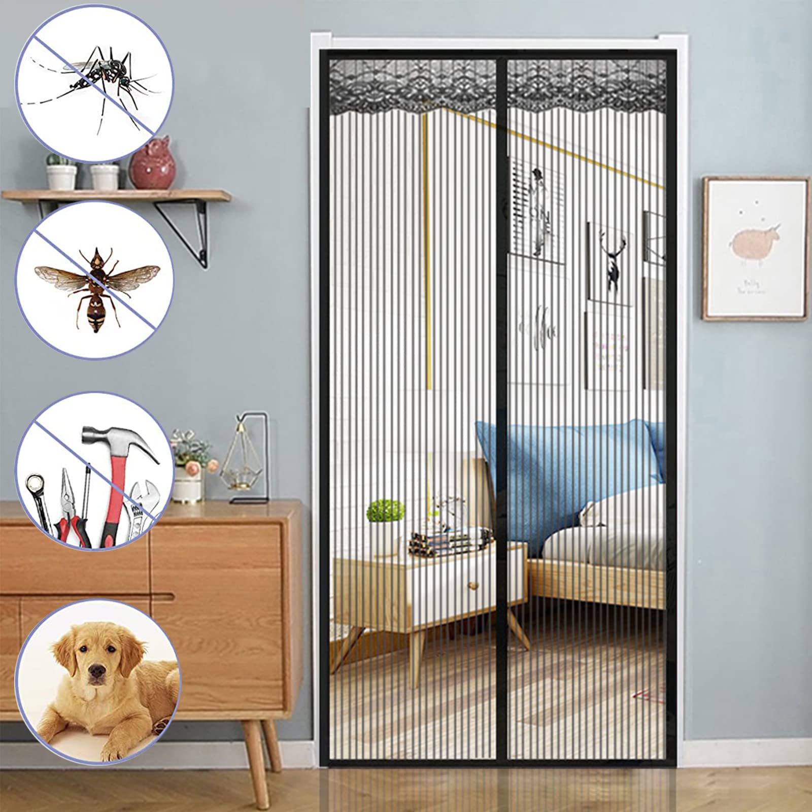 VIKY Moskitiera magnetyczna na drzwi balkonowe, ochrona przed owadami, bez wiercenia, ochrona przed kotami, 90 x 210 cm
