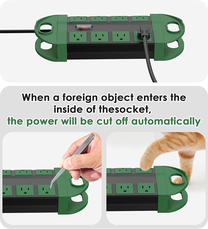 Regleta de alimentación exterior CCCEI 2 resistente a la intemperie con 8 enchufes, cable de extensión impermeable con múltiples salidas, protector contra sobretensiones para exteriores, jardín y patio, 6 pies, verde. miniatura 5