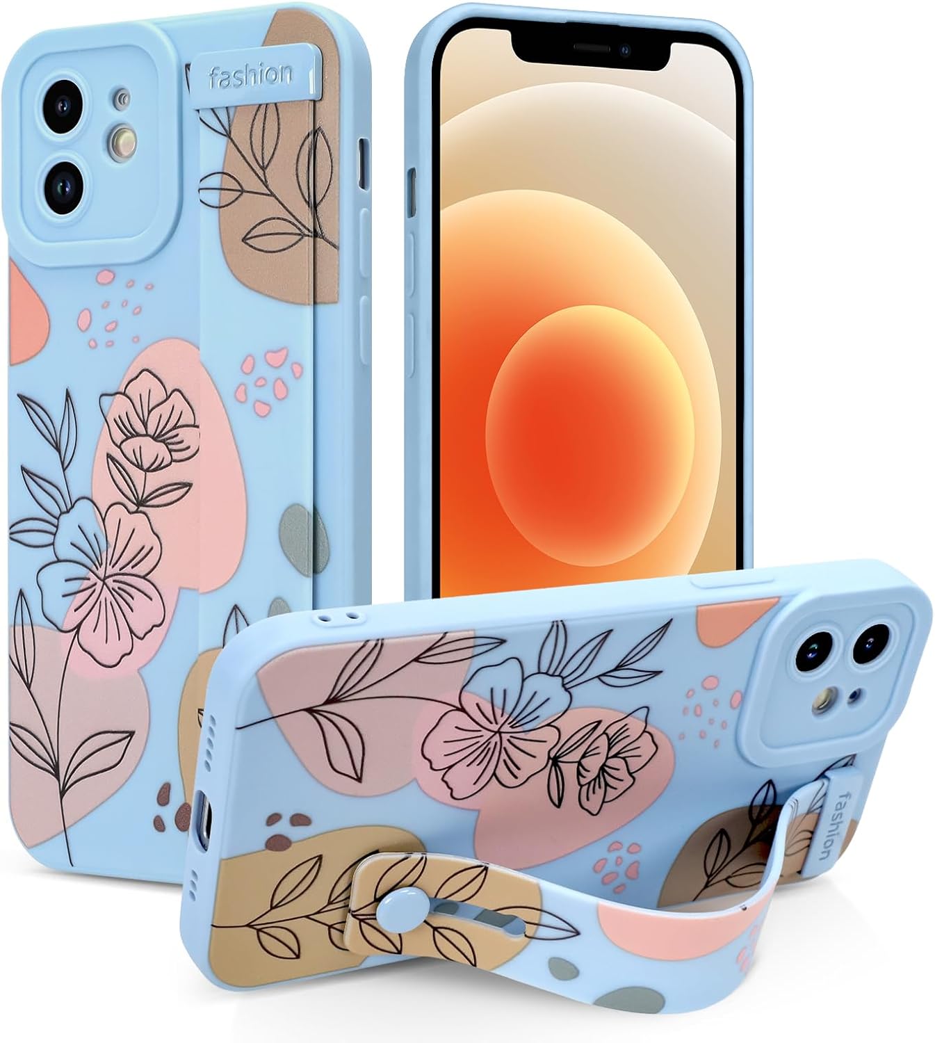 Case for iPhone 12 Pro Silicone Phone Case with Strap for Women Girls Cute Floral Flowers Pattern, Adjustable Soft Finger Strap Kickstand Protective Cover, Blue Blue