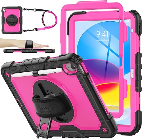 Miniatura 9 de SEYMAC Stock Funda para iPad de 10. generación con protector de pantalla, protección de cuerpo completo de 10.9 pulgadas, soporte giratorio, correa