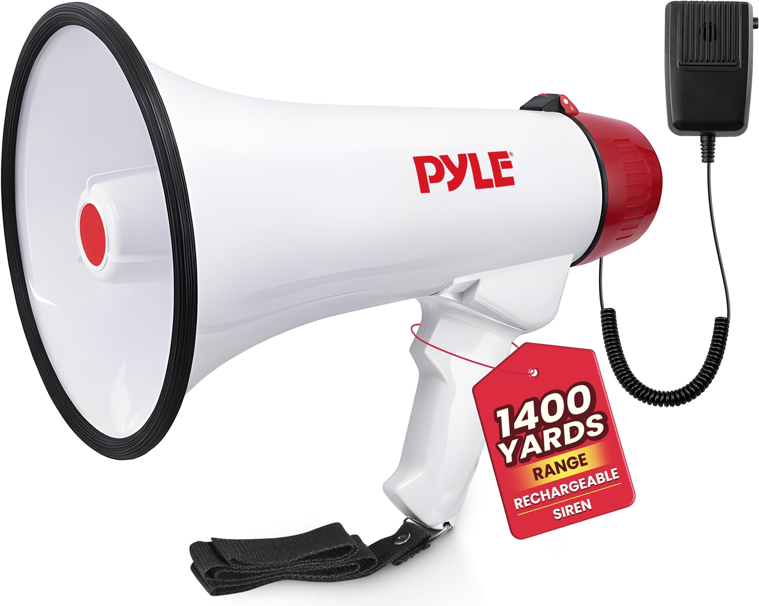 Pyle Megaphone Speaker PA Bullhorn - with Built-in Siren Rechargeable Battery, Auxiliary Jack 40 Watts & 1000 Yard Range - Record Function Ideal for Football, Baseball, Basketball Cheerleading Fans and Coaches or for Safety Drills - PMP48IR