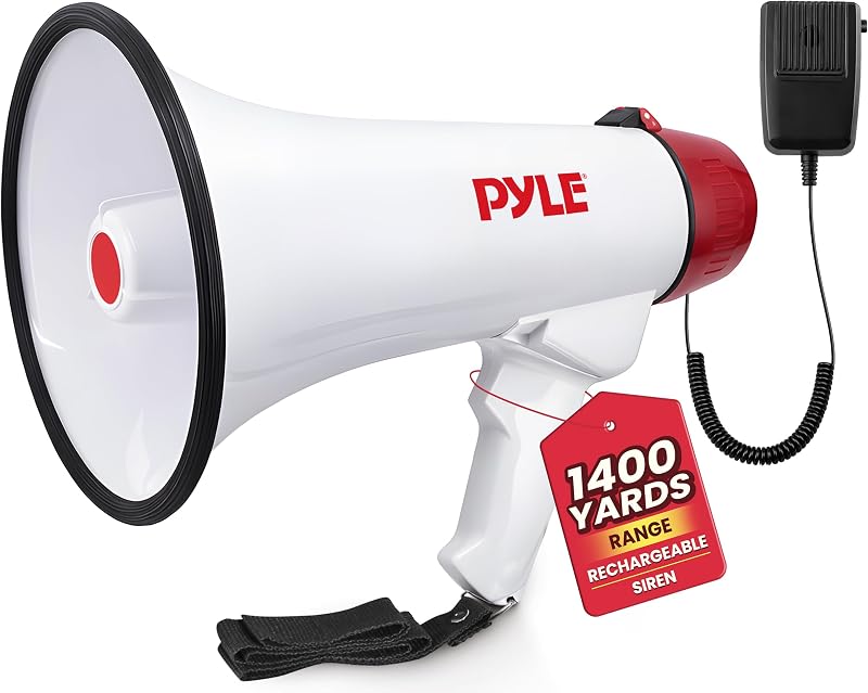 Pyle Megaphone Speaker PA Bullhorn - Built-in Siren Rechargeable Battery, Auxiliary Jack 40Watts & 1400 Yard Range - Record Function Ideal for Cheerleading Fans, Coaches or for Safety Drills