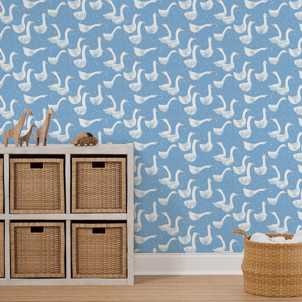 Peel & Stick Wallpaper 9ft x 2ft - Sky Horizontal Shapes Outdoors Family Bright Modern Farmhouse White Animal Bird Goose Meadow Blue Custom Removable Wallpaper by Spoonflower