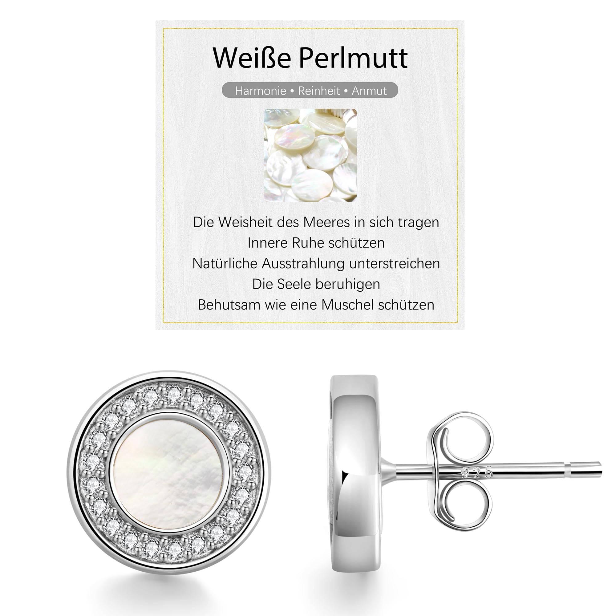 JENDEAR Schwarzer Onyx & Weiße Perlmutt Ohrringe Silber 925 für Damen Hypoallergene Nickelfrei Natürlicher Edelstein Ohrstecker, Schmuck Geschenke (Gold/Silber)