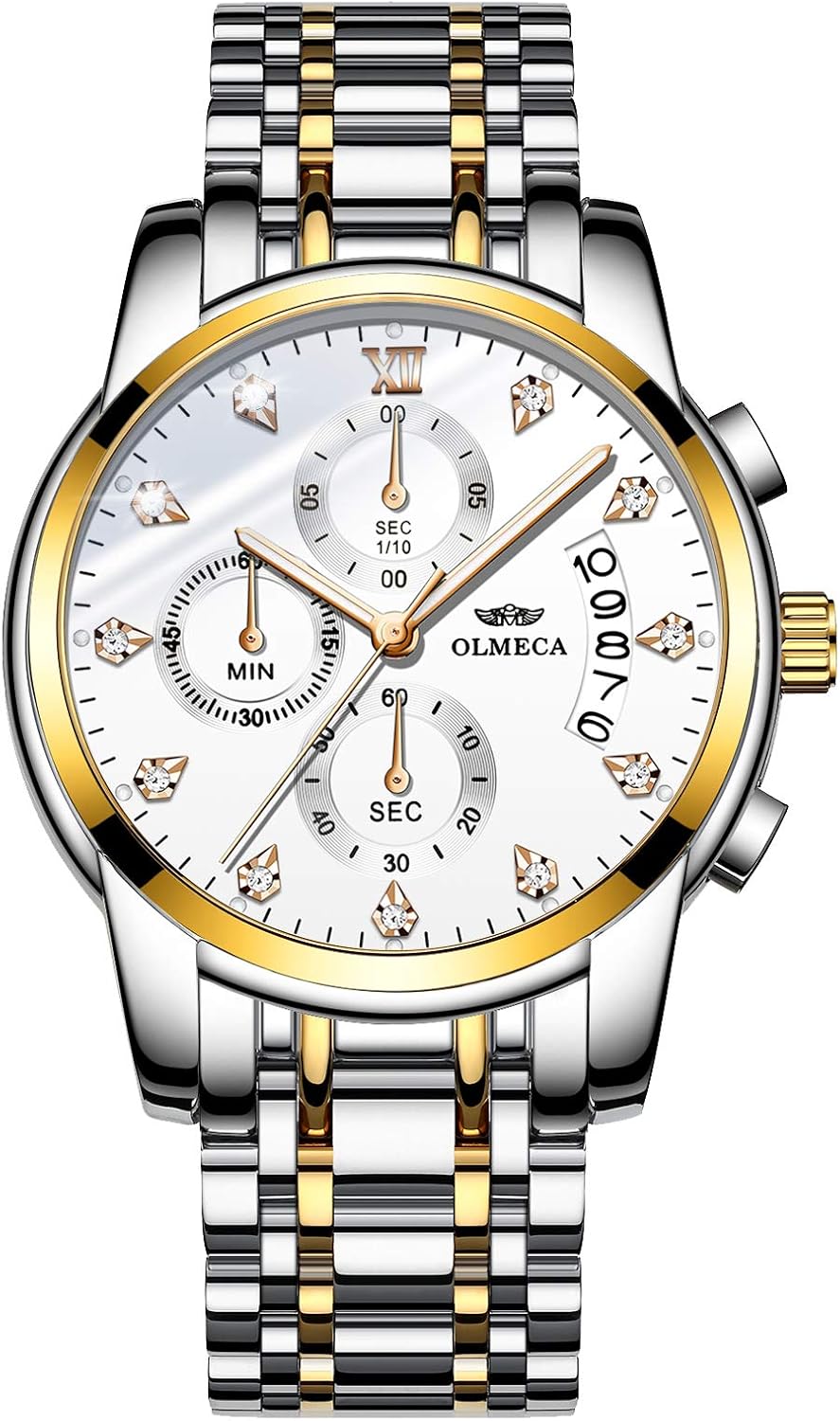 Olmeca Men's Watches Diamonds Wristwatches Sports Fashion Chronograph Functions Calendar Date Waterproof Luminous Fashion Quartz Wrist Watches Stainless Steel Band 827