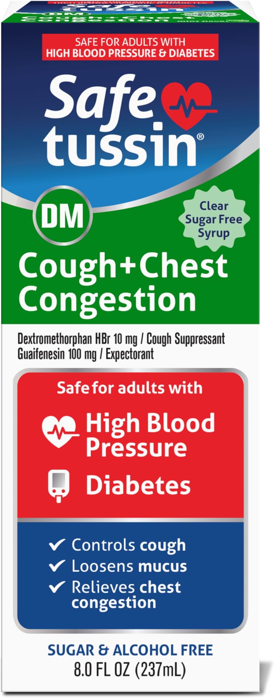 Safetussin DM Cough & Chest Congestion, 8 oz, Expectorant Mucus Relief, Cough Relief Syrup, Safe for Adults with High Blood Pressure & Diabetes