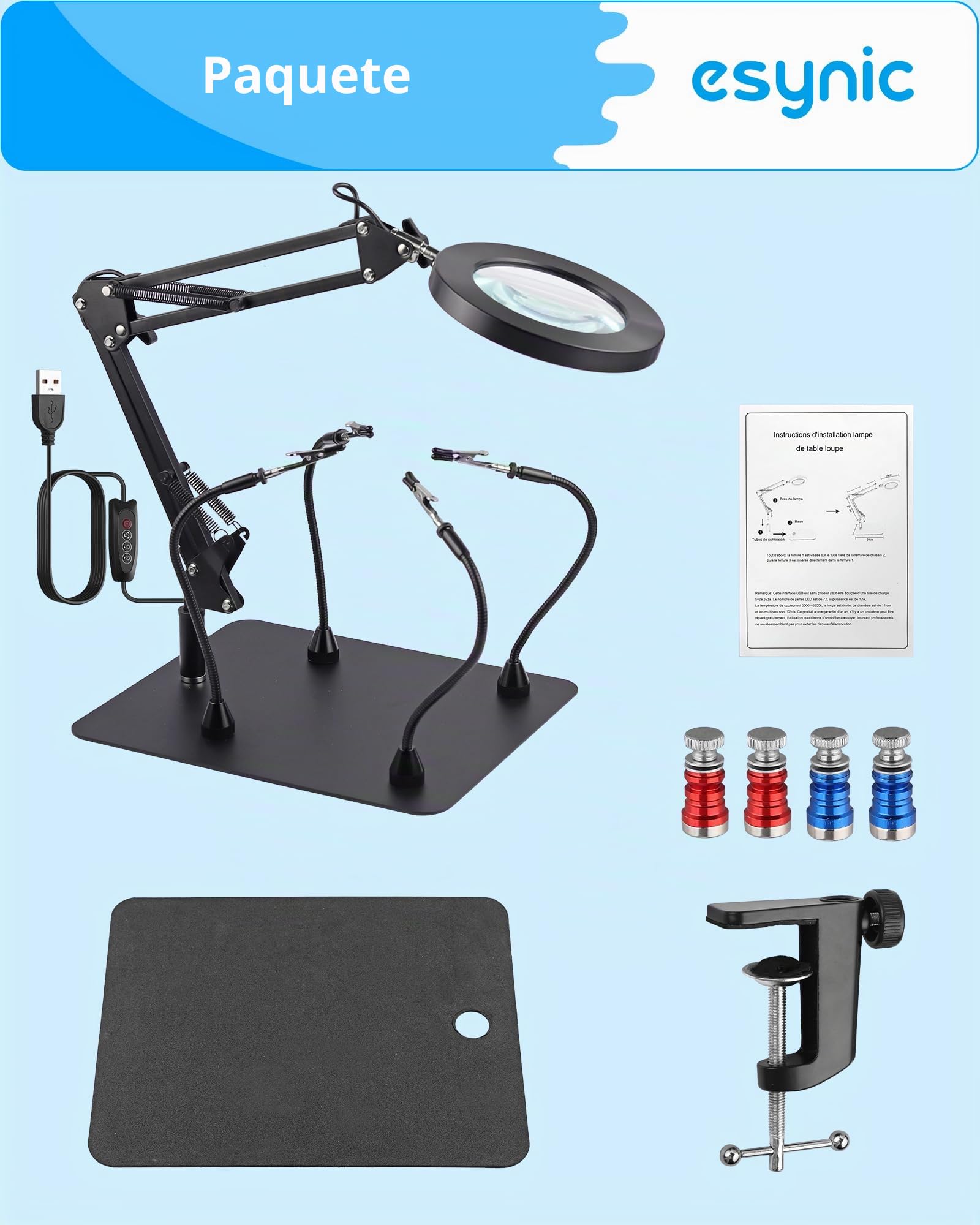 eSynic Lupa de Escritorio 8X con 72 Luces LED 2 en 1 Lámpara de Aumento con 10 Brillos Ajustables y 3 Colores, Rotación de 360°con 4 Fuertes Columnas Magnéticas y 4 Pinzas para Manualidades