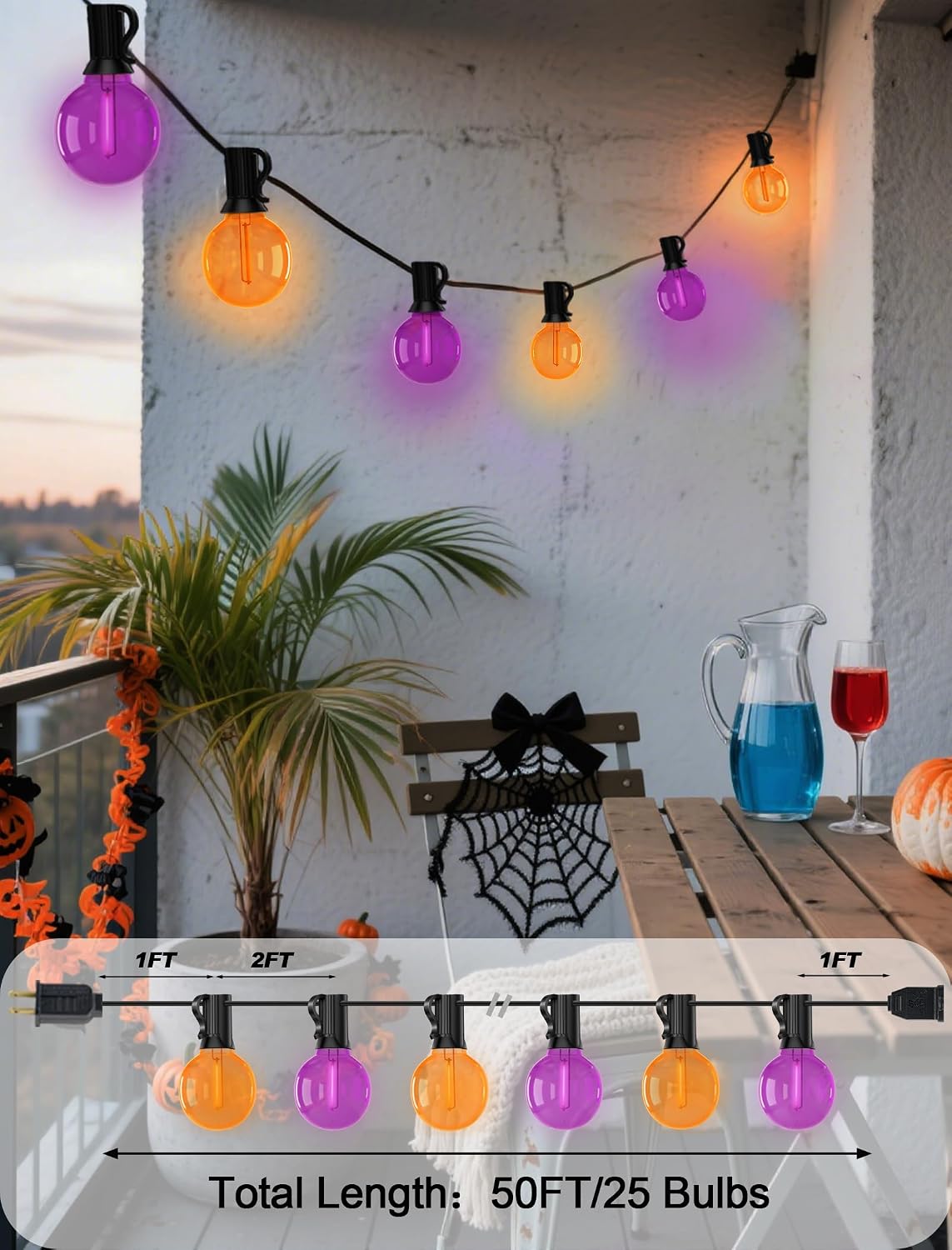 50Ft G40 LED Outdoor Christmas String Lights, Christmas Decorations with 27 LED Shatterproof Clear Orange and Purple Globe Bulbs(2 Spare), Hanging Patio Night Lights for Home Party Garden Yard Decor image 3