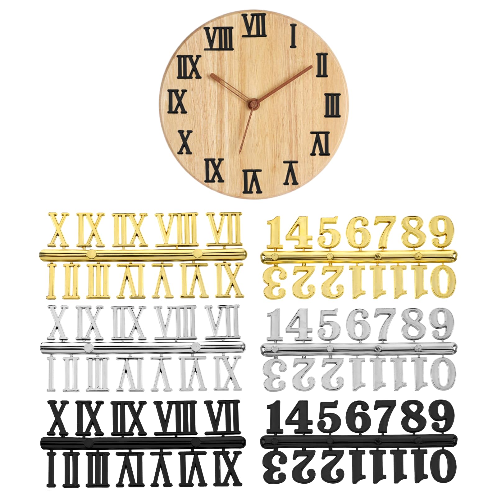 6 Pieces Plastic Clock Numbers Kit - Clock Numbers & DIY Kit, Arabic & Roman Numerals Clocks Parts for Replacement, Repairing and Home Art Decor Accessories(Black Gold Silver)-image-35