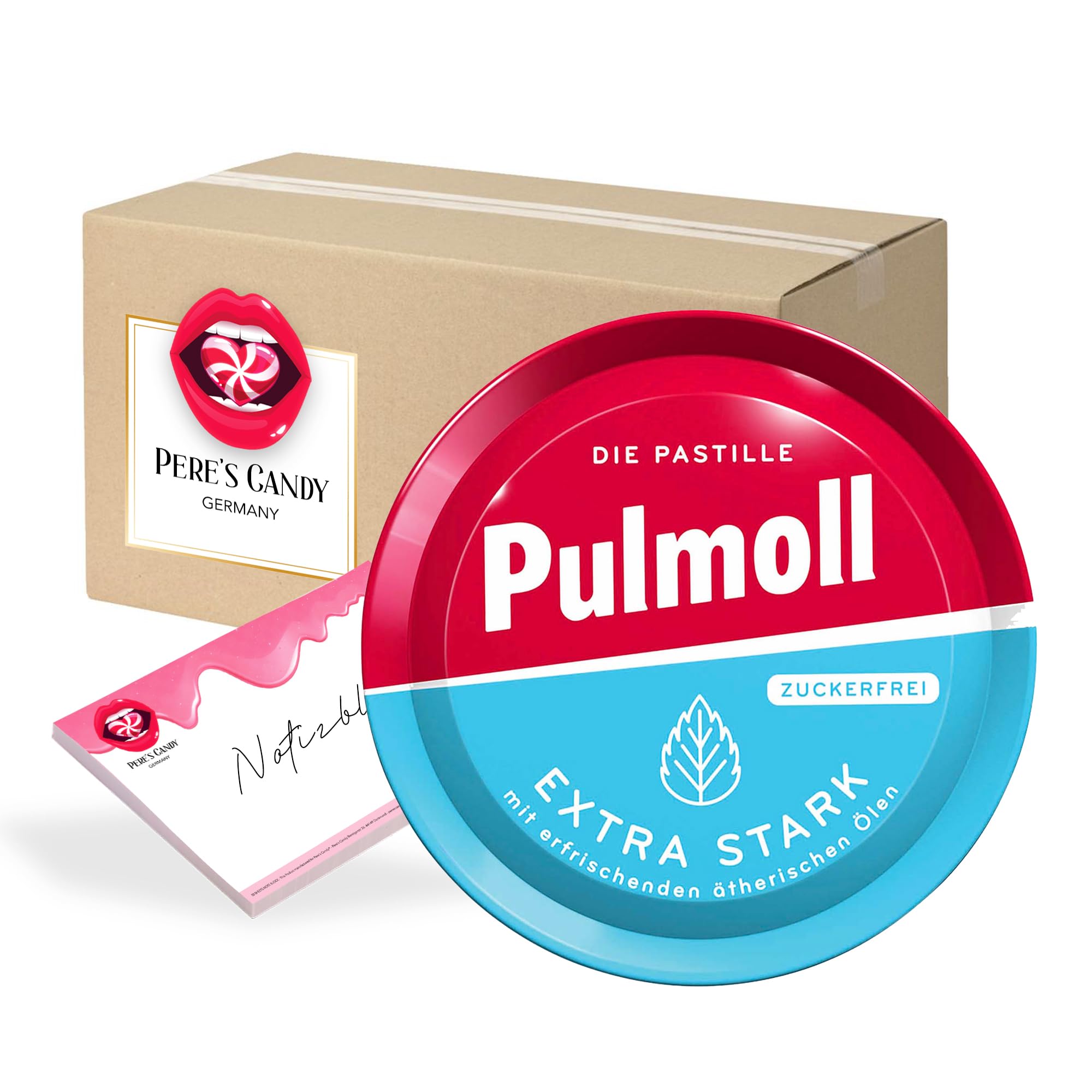 Pere's Candy Bundle für 10erPack Pulmoll Extra Stark zuckerfrei 50g + Pere's Candy Notepad DIN A7-25 Blatt
