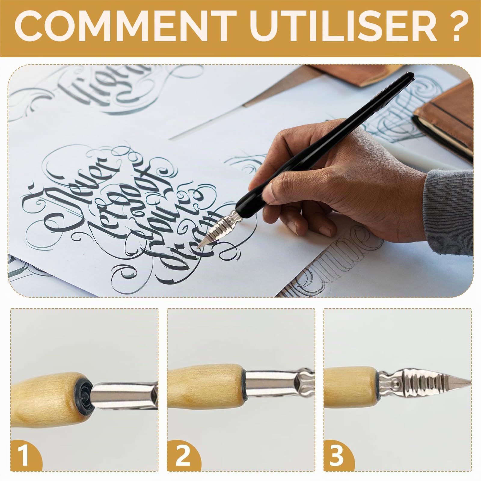 kit Calligraphie Plume avec 2 Porte-stylos Dip et 10 Plumes en Acier Inoxydable, Set écriture Artistique pour Dessin Manga Calligraphie débutant et Artiste confirmé, poignée Bois Ergonomique