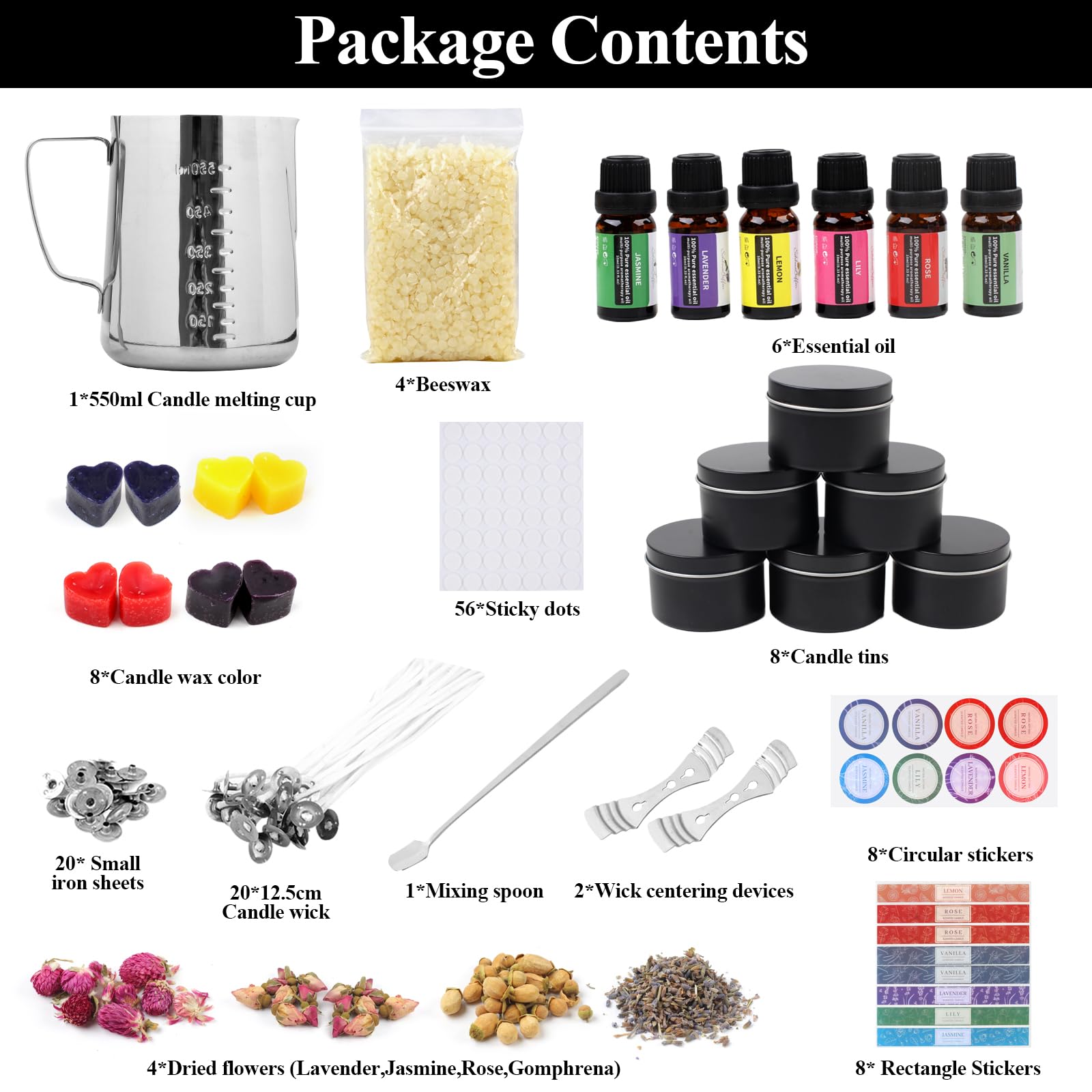 TEPENAR DIY Kerzenherstellung Kit – Kerzen Selber Machen Set mit Sojawachs, Kerzendosen (Schwarz), Dochthaltern, Bienenwachs & Schmelztopf – Duftkerzen Geschenk für Anfänger