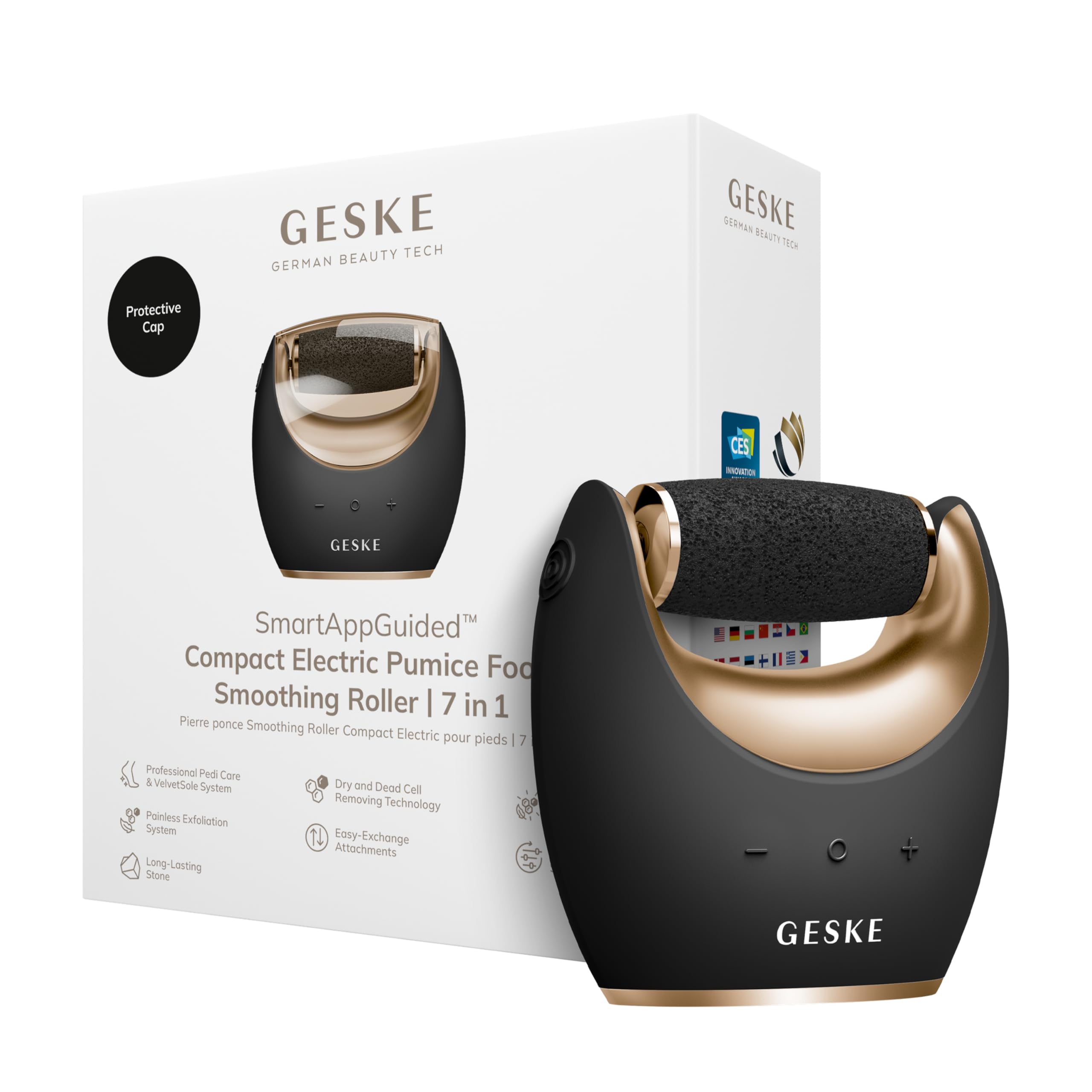 GESKE Compact Electric Pumice Foot Smoothing Roller 7 in 1 | Lima | SmartAppGuided™ | Lima de Pies Eléctrica y Exfoliador | Piedra Pómez para Eliminar Durezas y Callos | Pedicura en Casa
