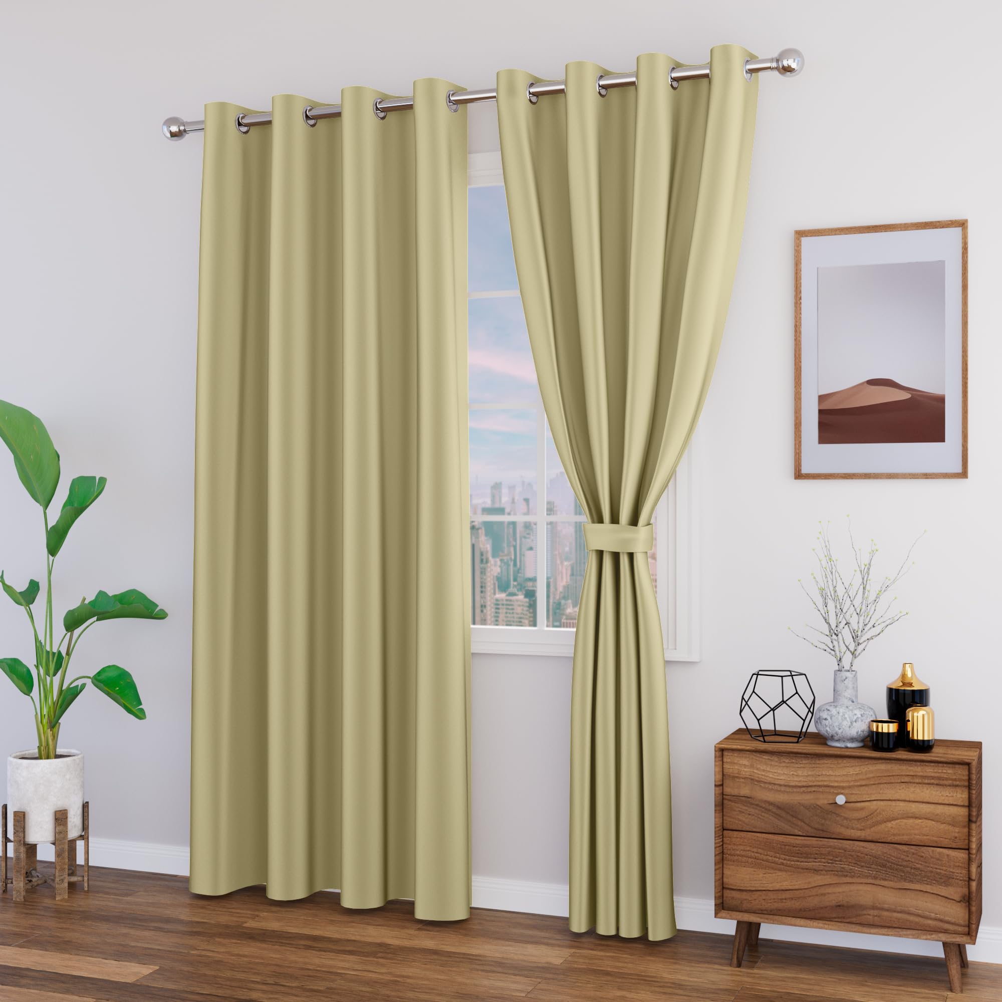 80-90% Blackout Window Curtains with Tie Back 5 feet 2 Pcs | Room Darkening, Thermal Insulated, Noise Reducing Heavy Polyester Solid Curtains (Beige Colour)