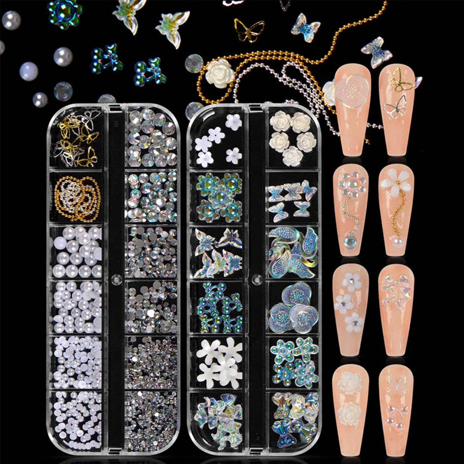 Nail Art Rhinestones & Charms Kit with Precision Tweezer & Wax Pencil, 700PCS 3D Nail Gems Including Pearls, Flower - Image 2