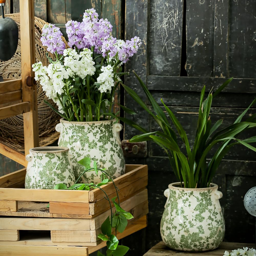 Große grüne keramische Töpfe für Pflanzen, Vintage-Pflanztopf für Zimmerpflanzen, Blumentopf mit Rissglasur-Finish, rustikaler toskanischer Keramiktopf für die Gartenarbeit,M,with Hole