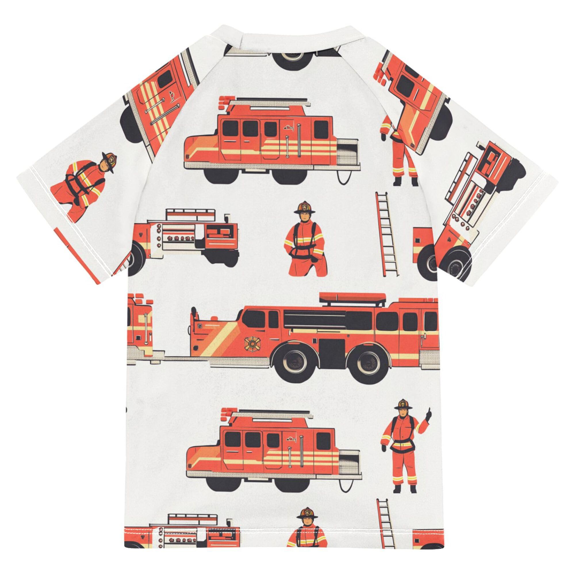 Firefighter Fire Truck White Kids Bathing Suits Girls Short Sleeves Teen Rash Guard Swimsuit Swimwears T Shirts for Big Boys 11-12Y