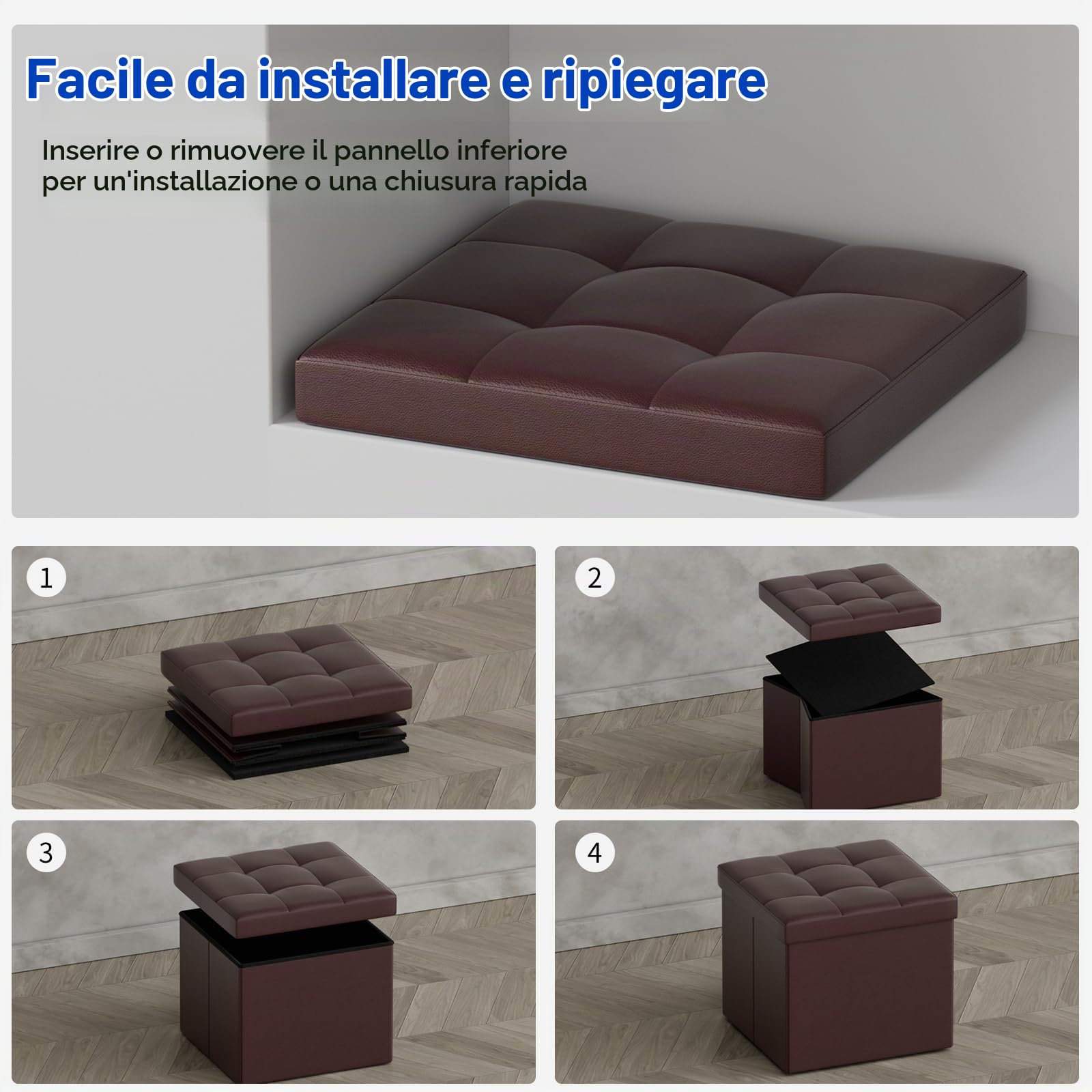 BRIAN & DANY Pouf Contenitore Pieghevole, Puff Poggiapiedi Quadrato in Cuoio Sgabello Contenitore per Divano Camera da Letto, Marrone, 38 x 38 x 38cm